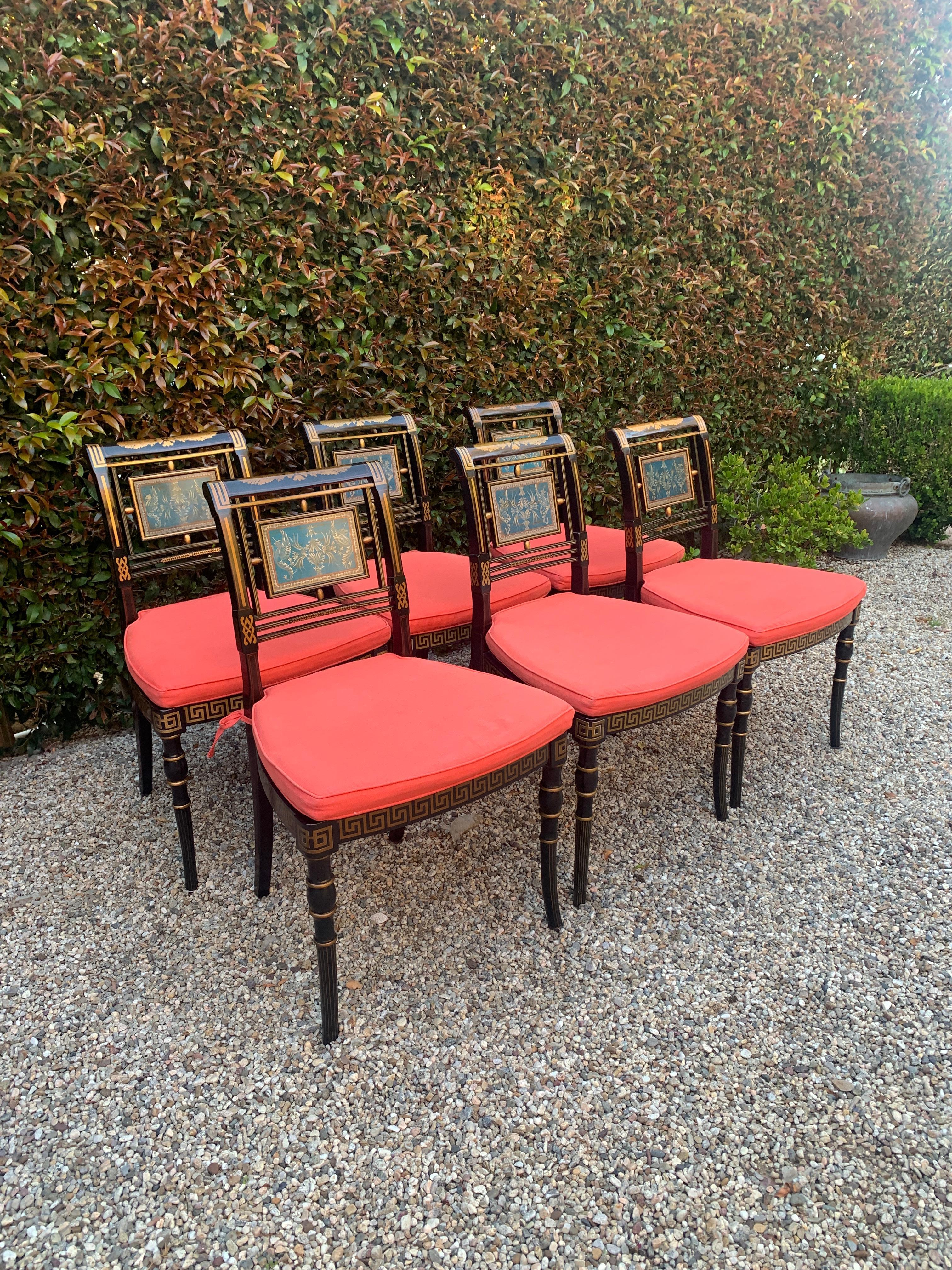 Six Hollywood Regency Lacquered Dining Chairs with Cushions 1