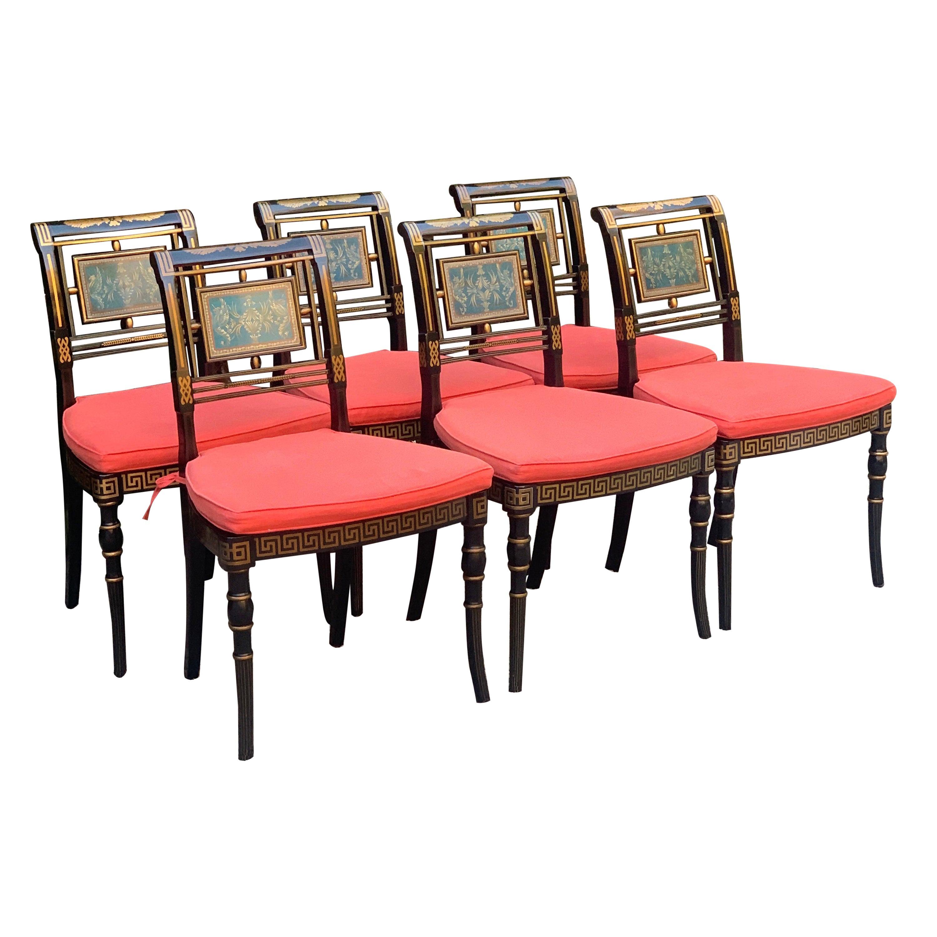 Six Hollywood Regency Lacquered Dining Chairs with Cushions