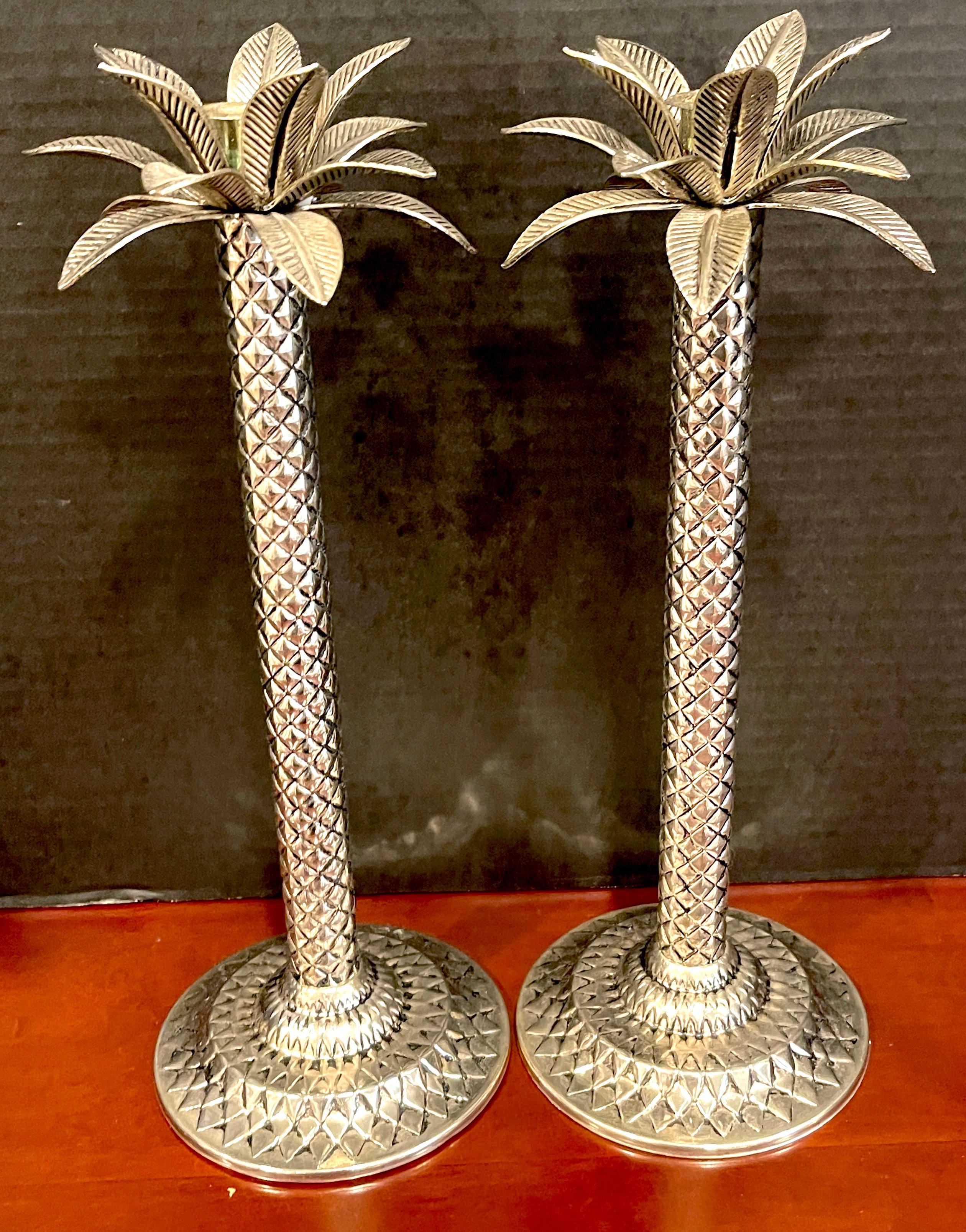 Six Hollywood Regency Style Silverplated Palm Tree Candlesticks In Good Condition For Sale In West Palm Beach, FL