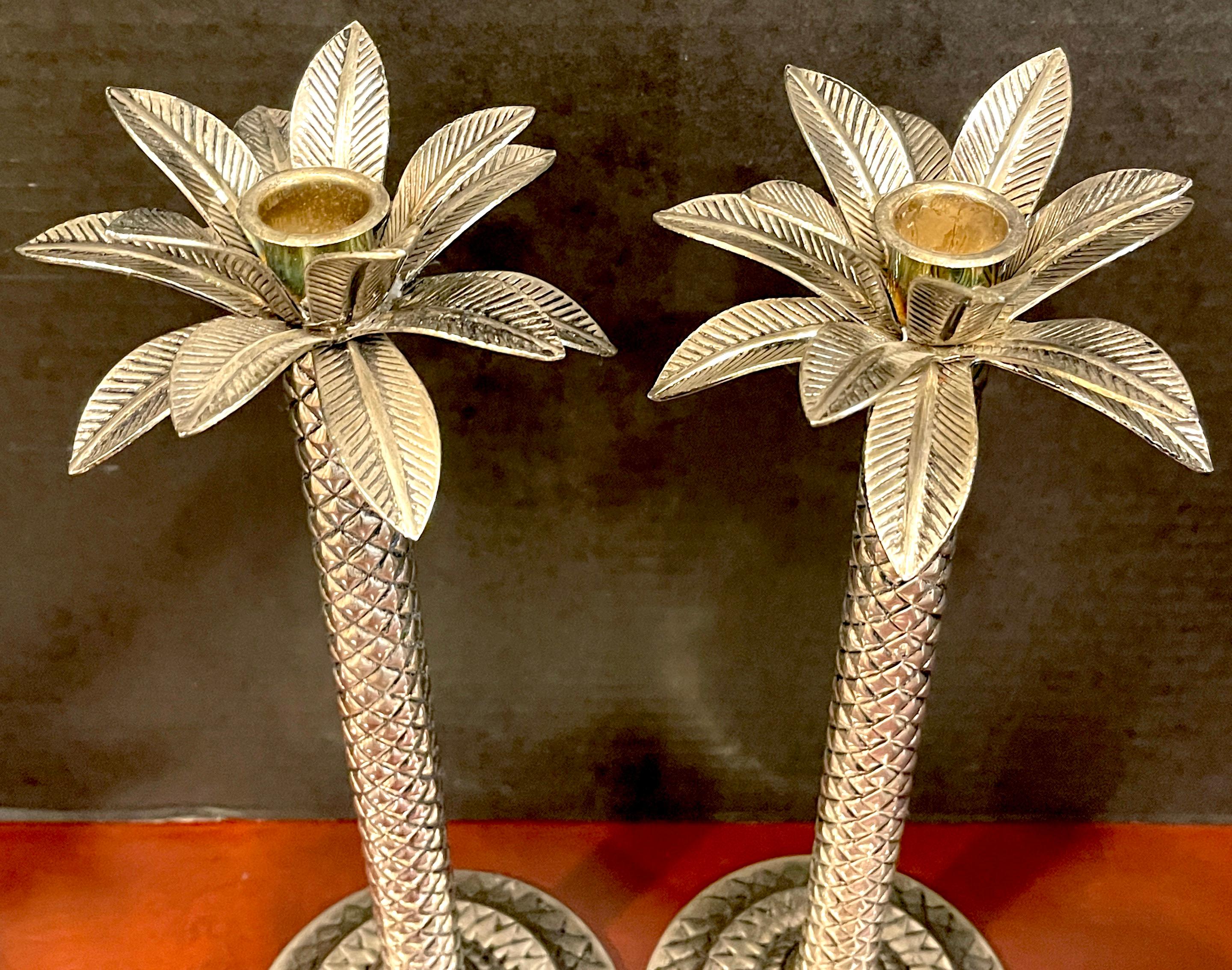 20th Century Six Hollywood Regency Style Silverplated Palm Tree Candlesticks For Sale