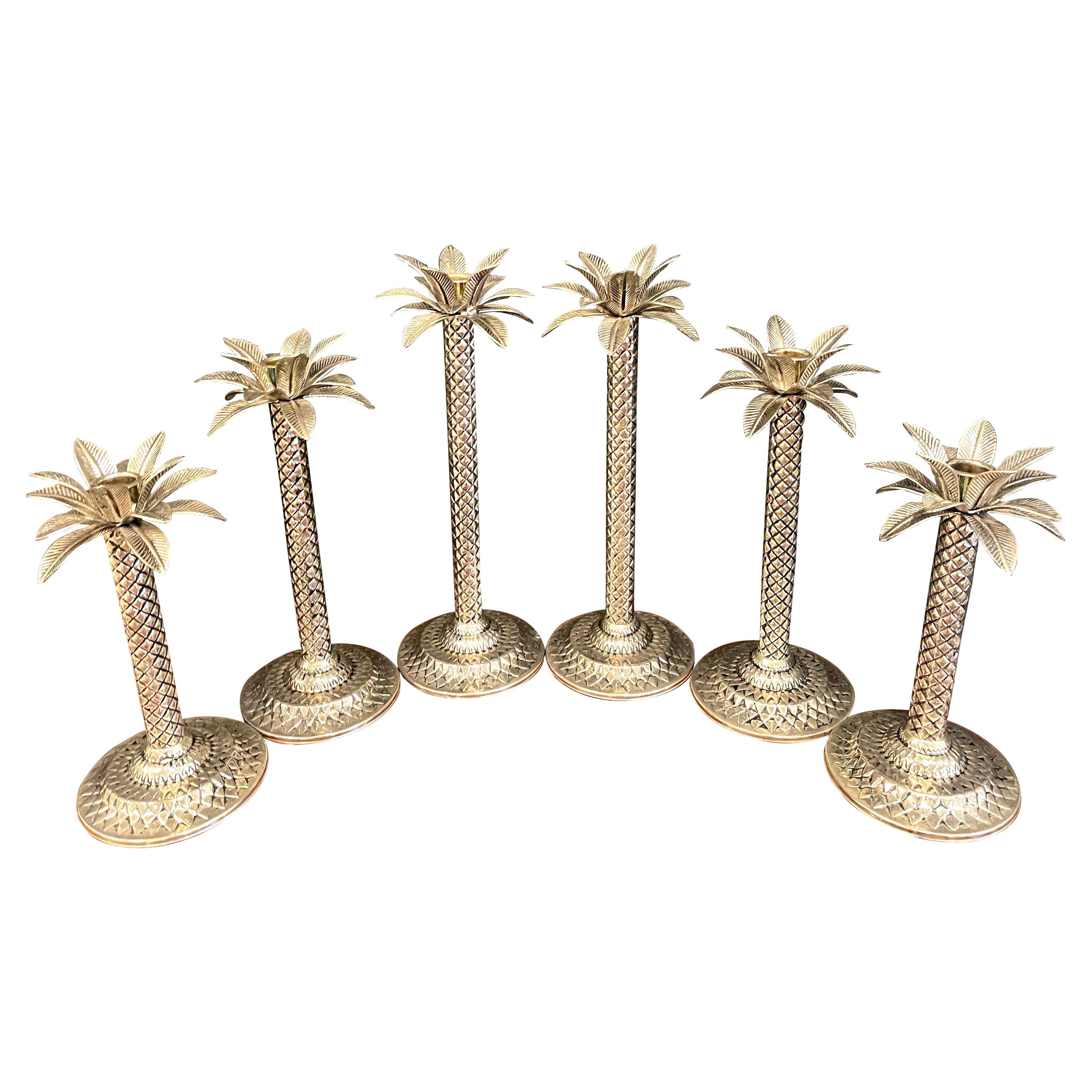 Six Hollywood Regency Style Silverplated Palm Tree Candlesticks For Sale