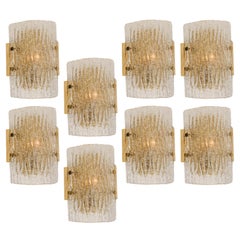 Six Ice Glass Brass Wall Sconces by Kalmar, Austria, 1960