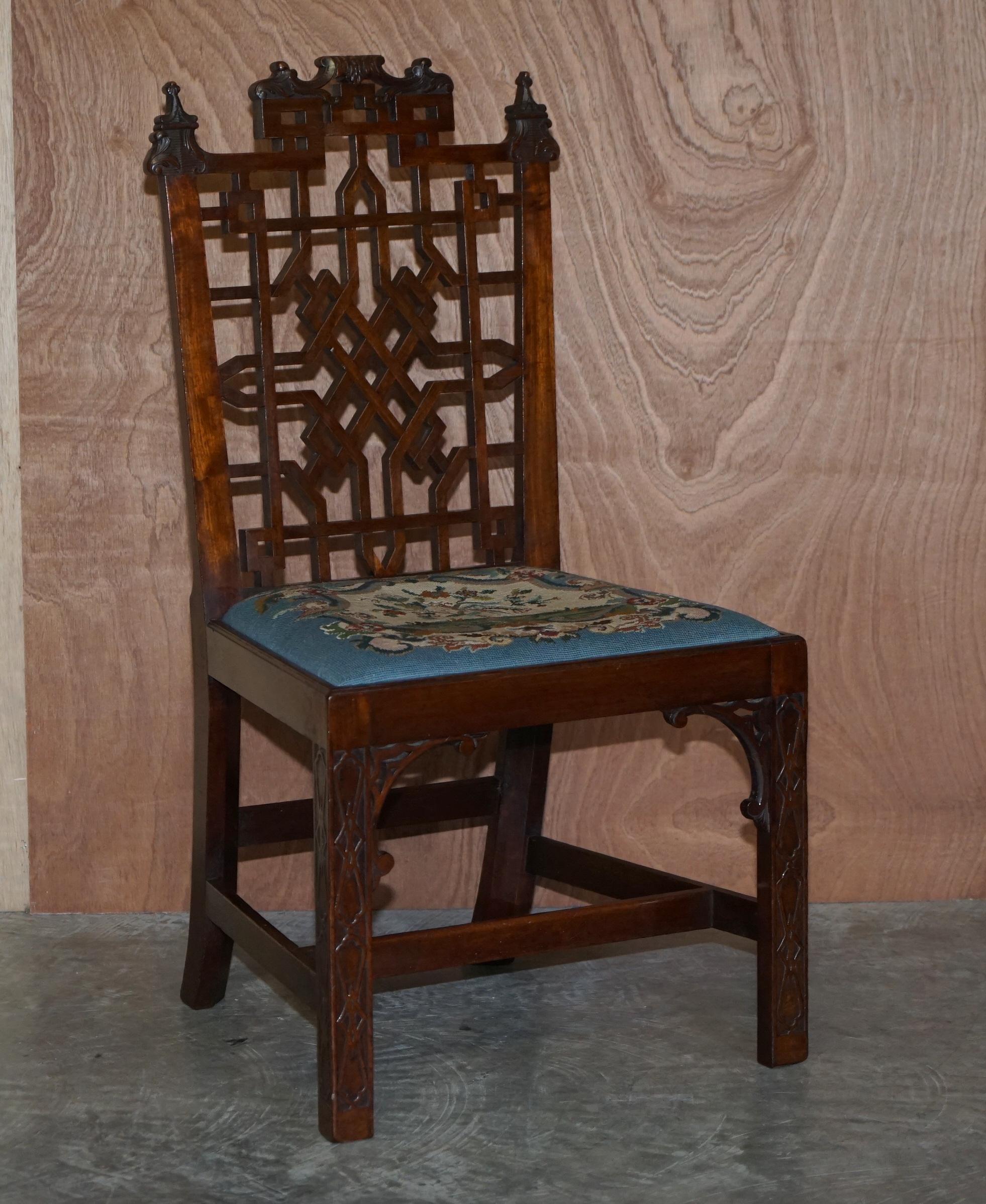 We are delighted to offer this important suite of museum quality, George III circa 1760-1765, Thomas Chippendale Chinese Pagoda top dining chairs with the original embroidered seat pads

Where to begin, if you’re looking at this listing then the