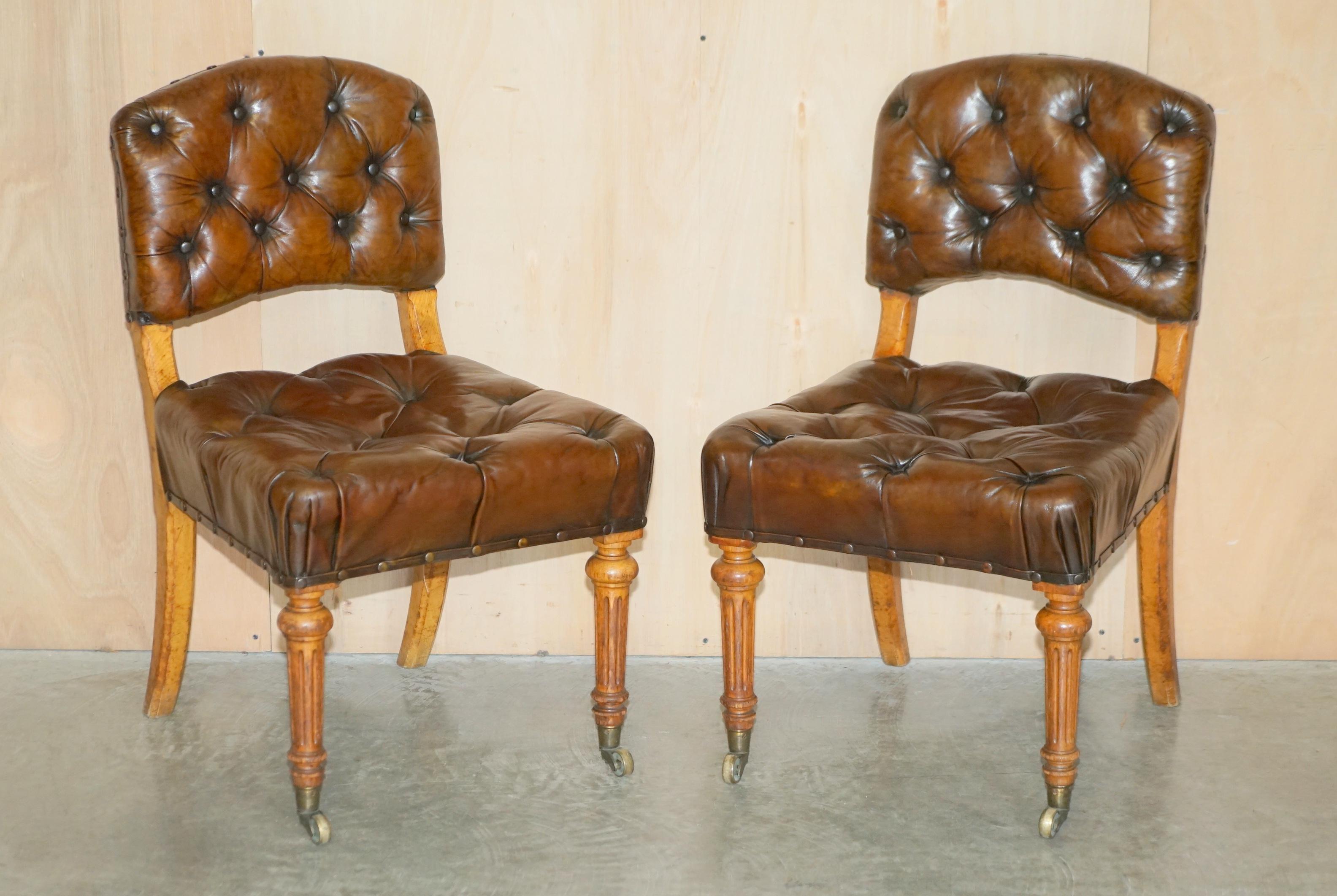 We are delighted to offer for sale this very rare suite of fully restored Regency Chesterfield brown leather dining chairs with Pollard oak frames and original horse hair padding.

These are a very important and substantial set of chairs, they