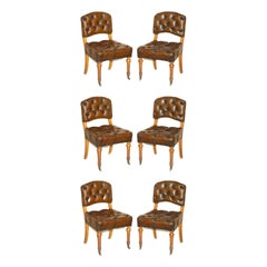 Six Important Antique Regency Leather Pollard Oak Chesterfield Dining Chairs