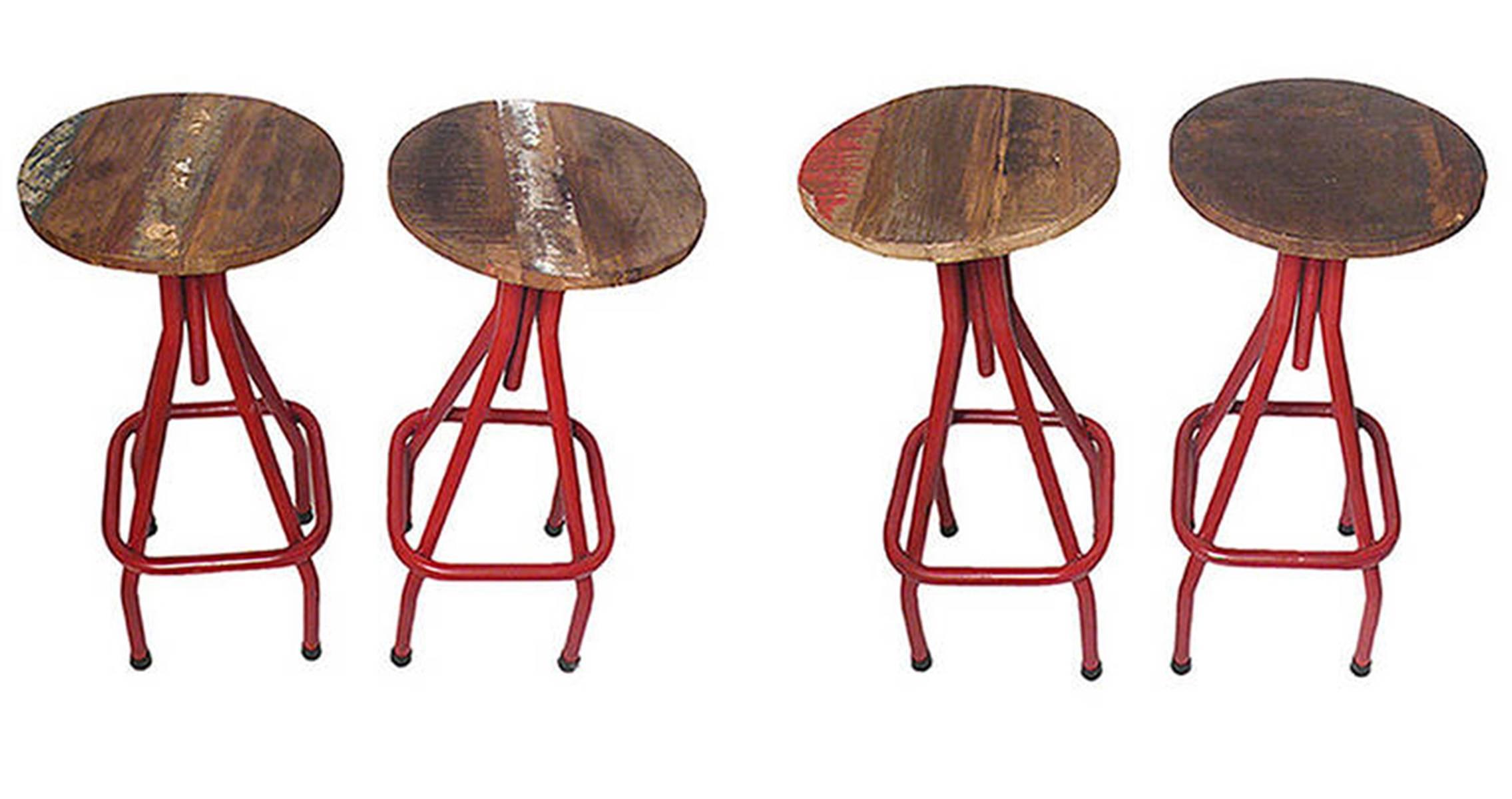 Industrial Stools with Red Painted Tubular Iron Legs and Wooden Seats 3