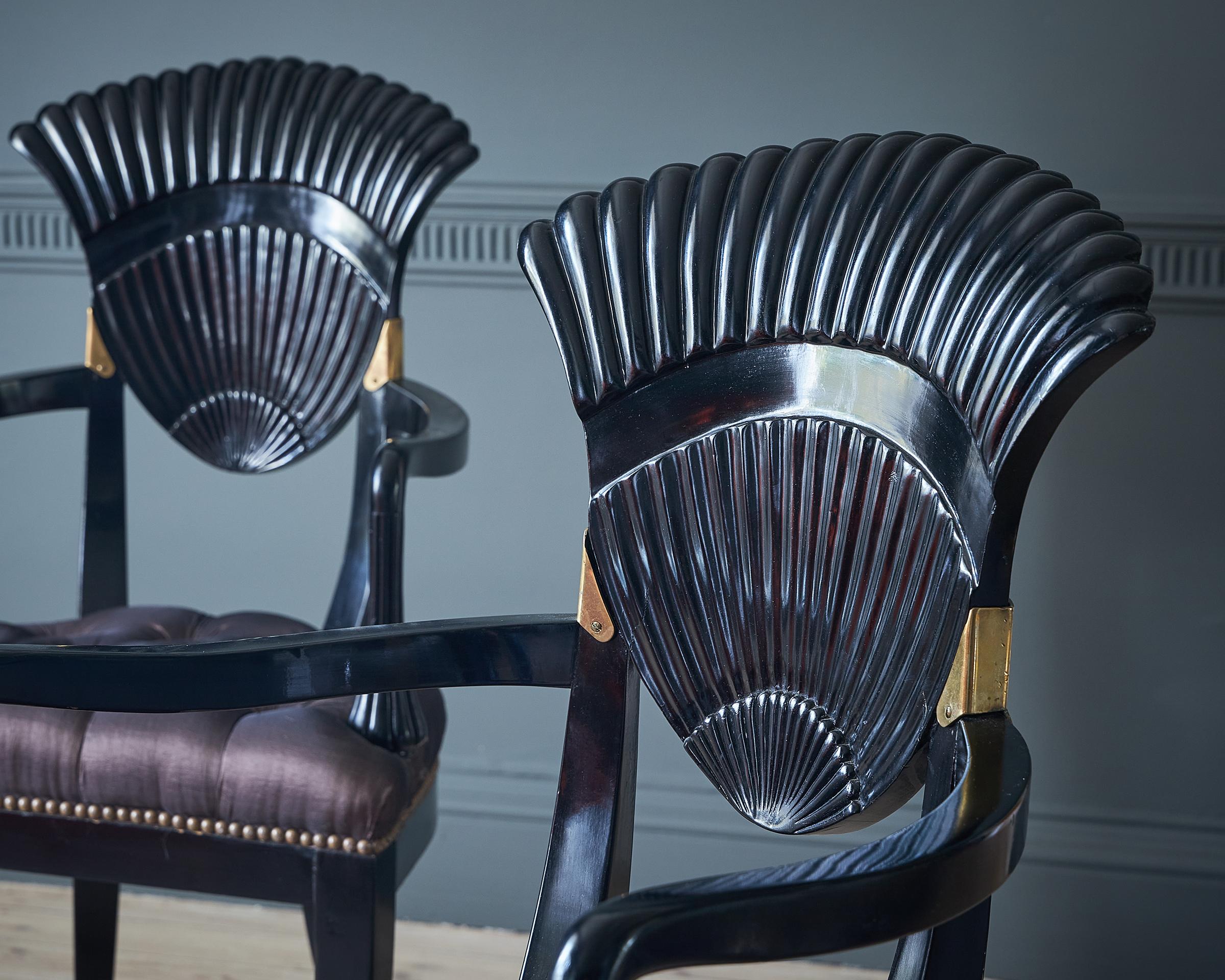 Ebonized A set of six Continental ebonised wood dining chairs, Italy, circa 1940 For Sale