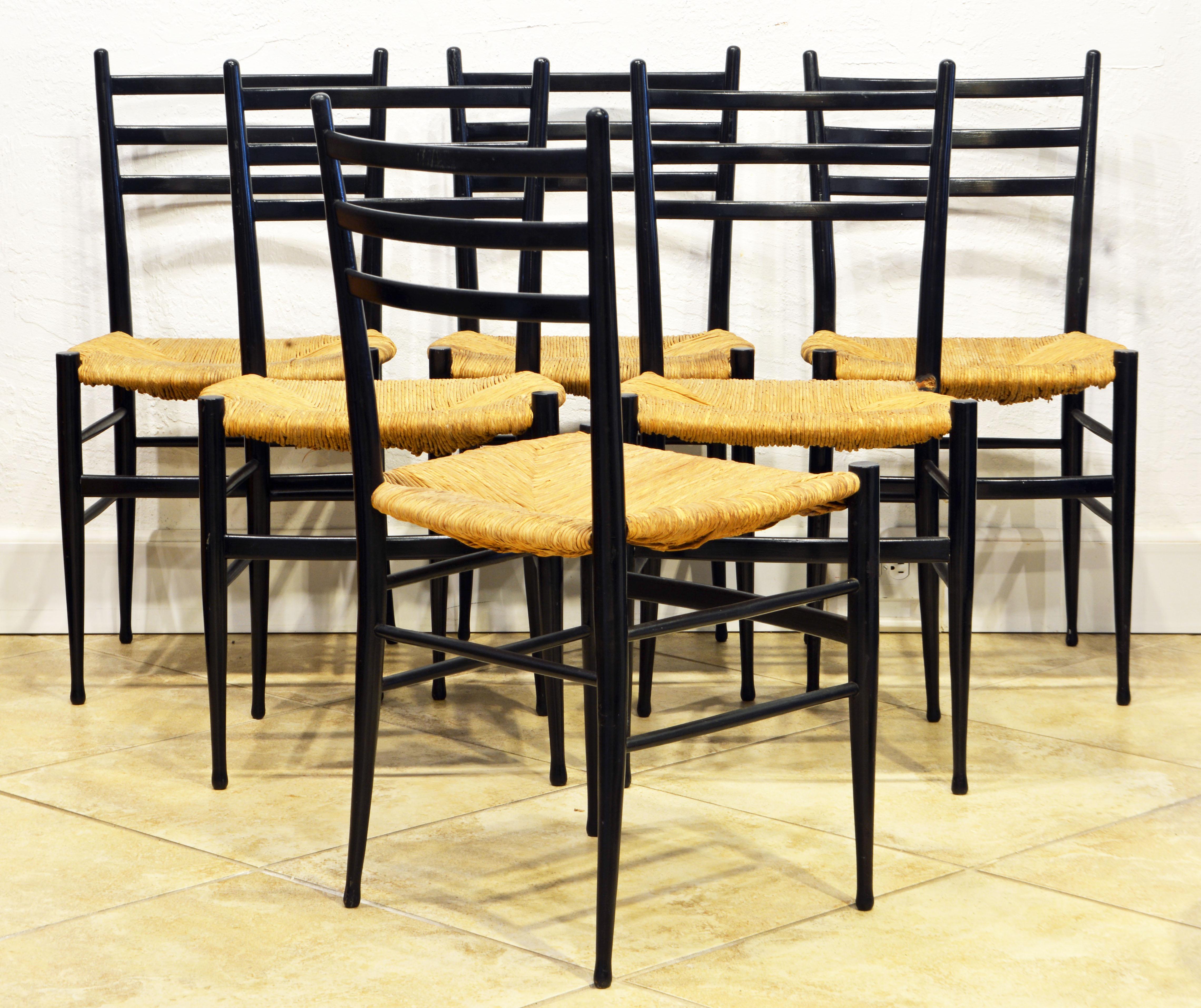 Mid-Century Modern Six Italian Ebonized Wood and Rush Seat Dining Chairs Manner of Gio Ponti, 1950s