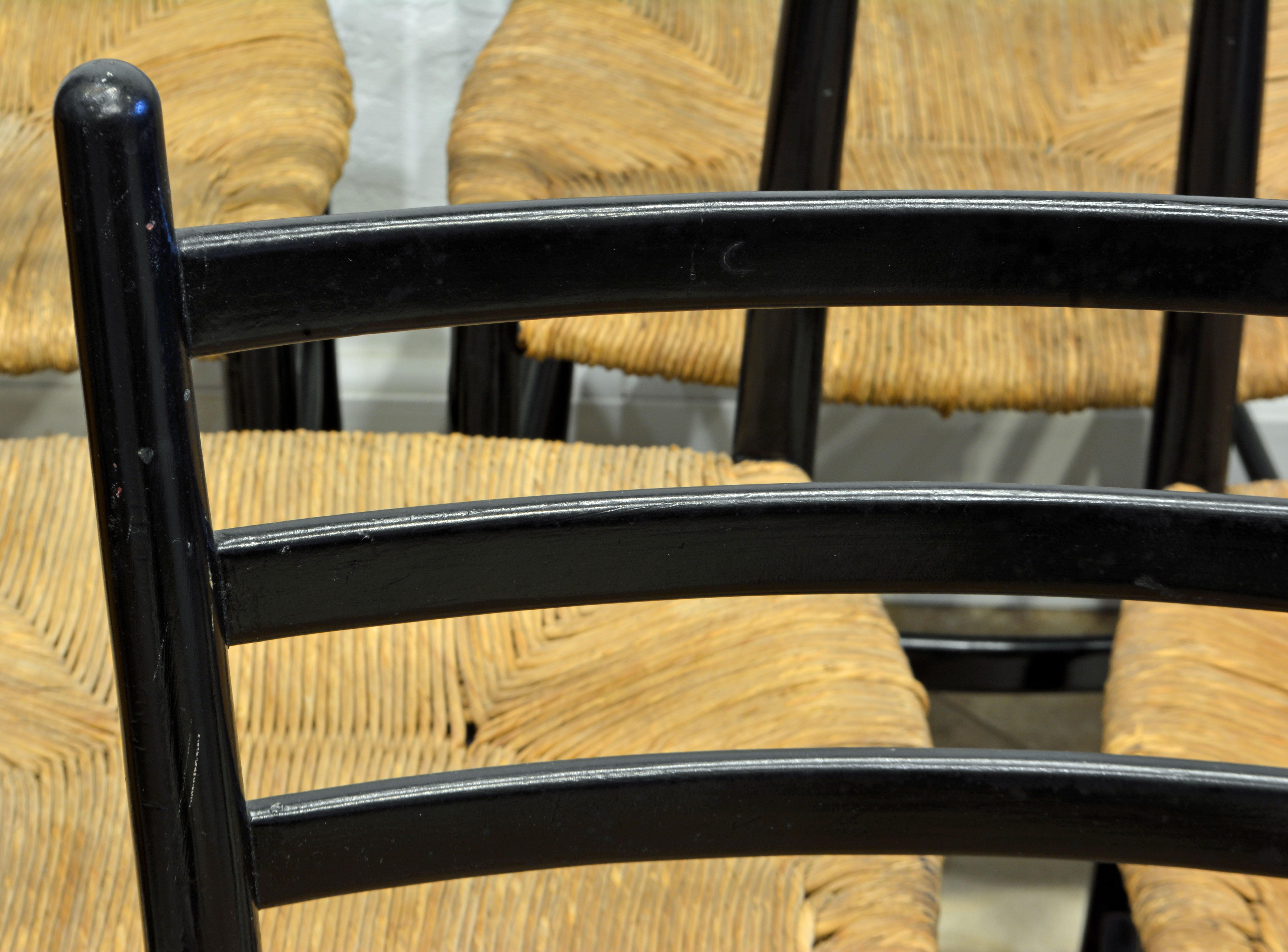 20th Century Six Italian Ebonized Wood and Rush Seat Dining Chairs Manner of Gio Ponti, 1950s