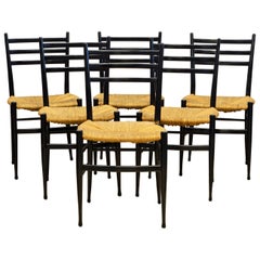 Six Italian Ebonized Wood and Rush Seat Dining Chairs Manner of Gio Ponti, 1950s