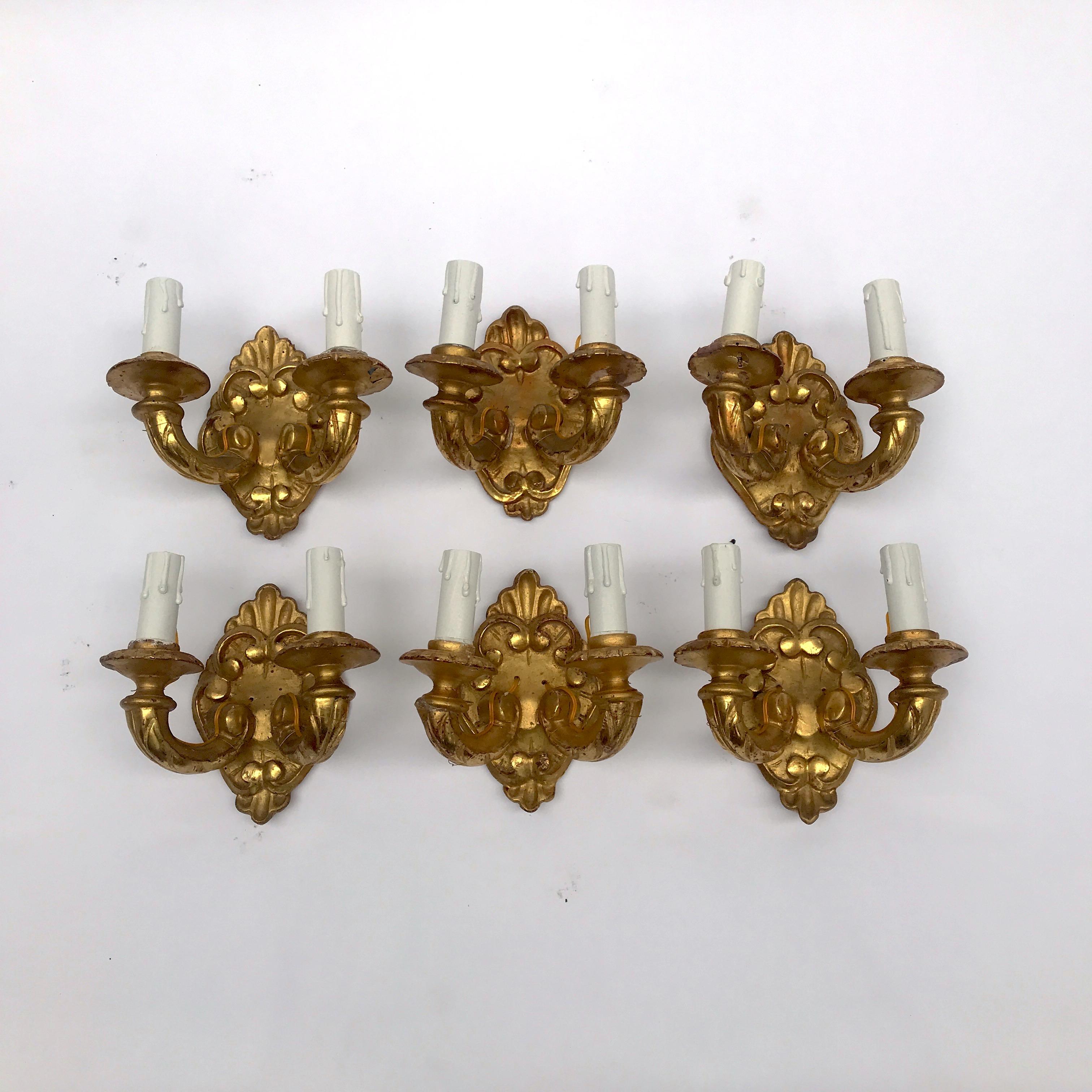 Carved Six Italian Gilded Sconces Six Giltwood Two-Armed Wall Lights, 19th Century