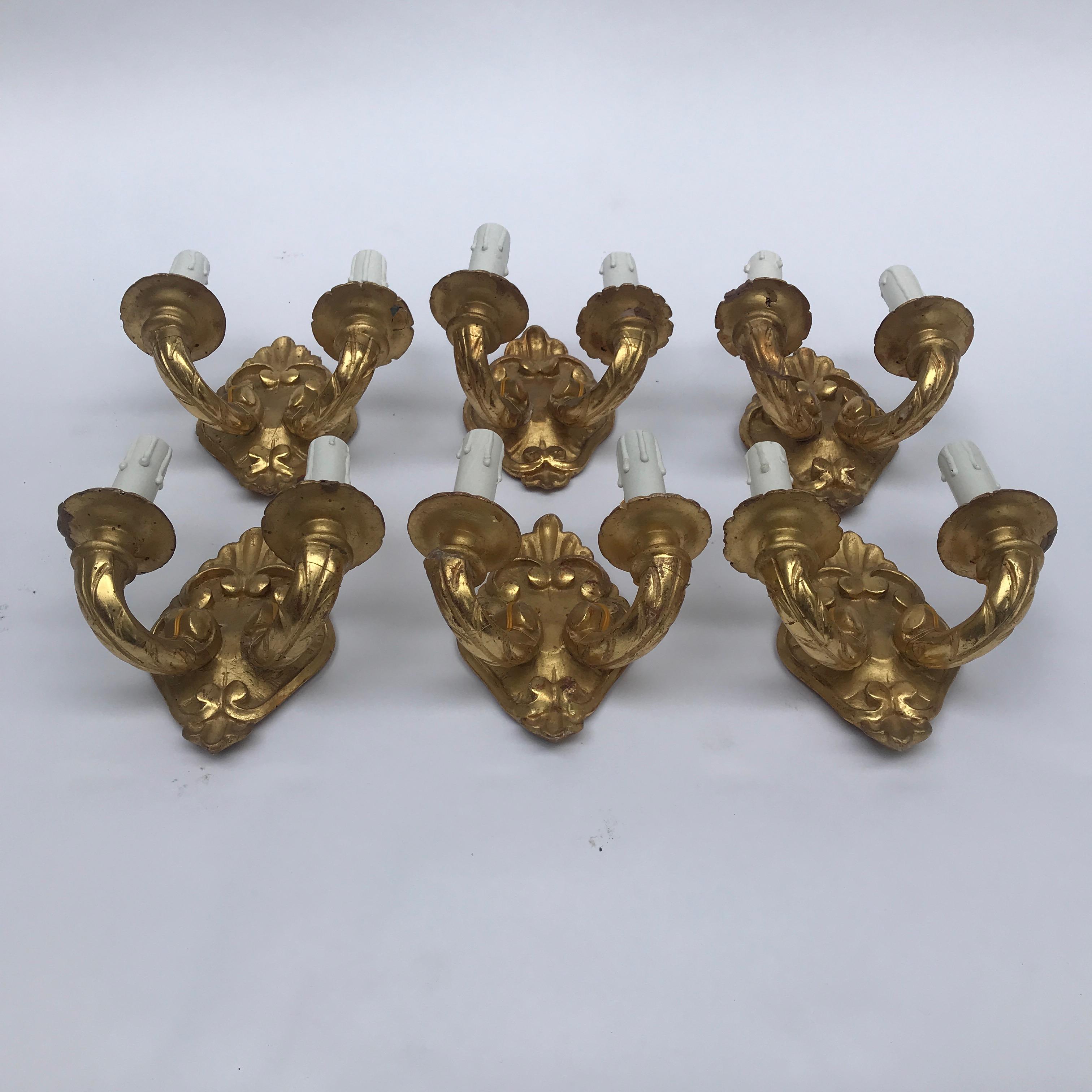 Six Italian Gilded Sconces Six Giltwood Two-Armed Wall Lights, 19th Century 3