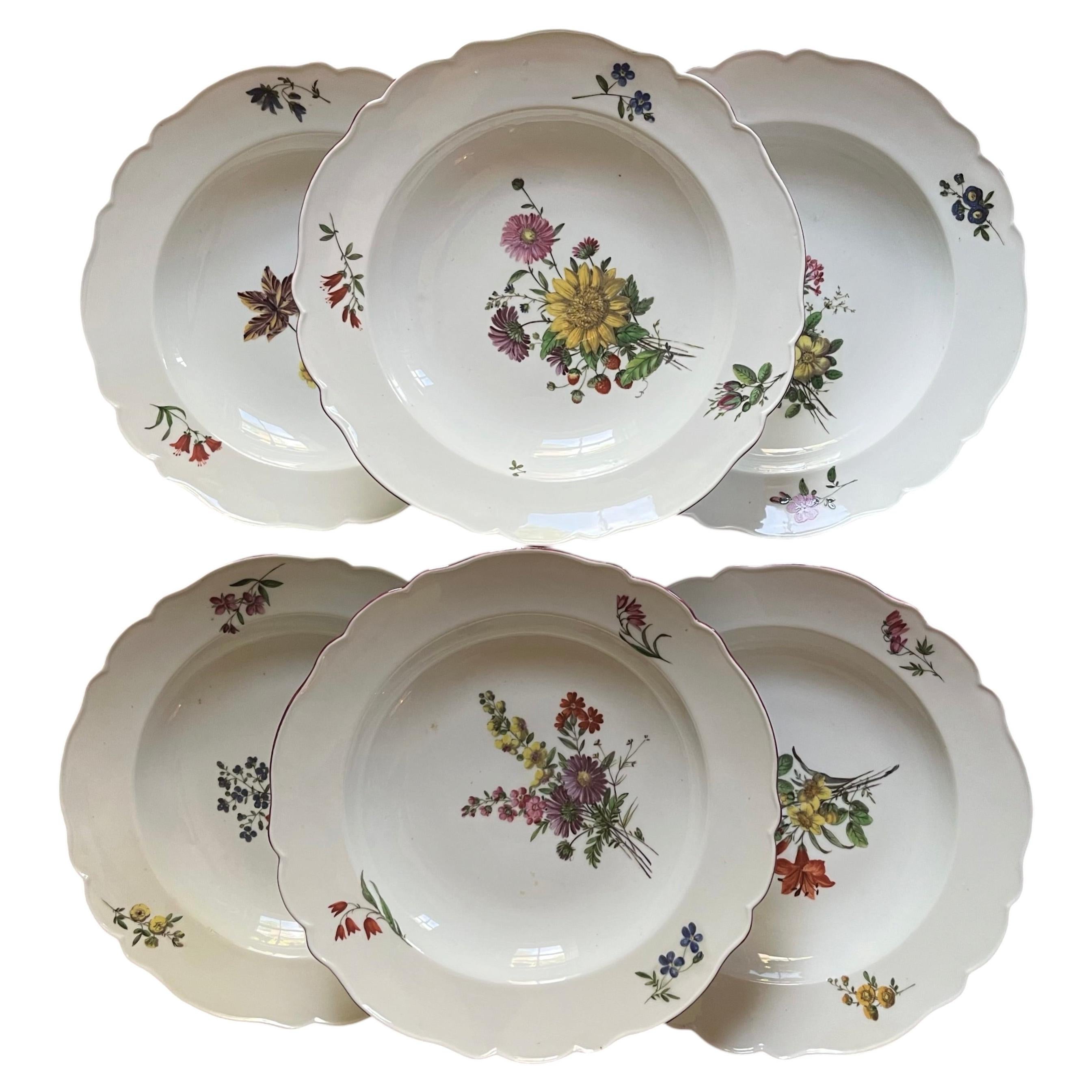Six Italian Ginori Doccia Porcelain Soup Bowls with Flower Decoration Circa 1815 For Sale