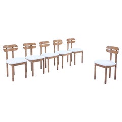 Retro Six Italian oak dining chairs C 1965 reupholstered in a white boucle fabric