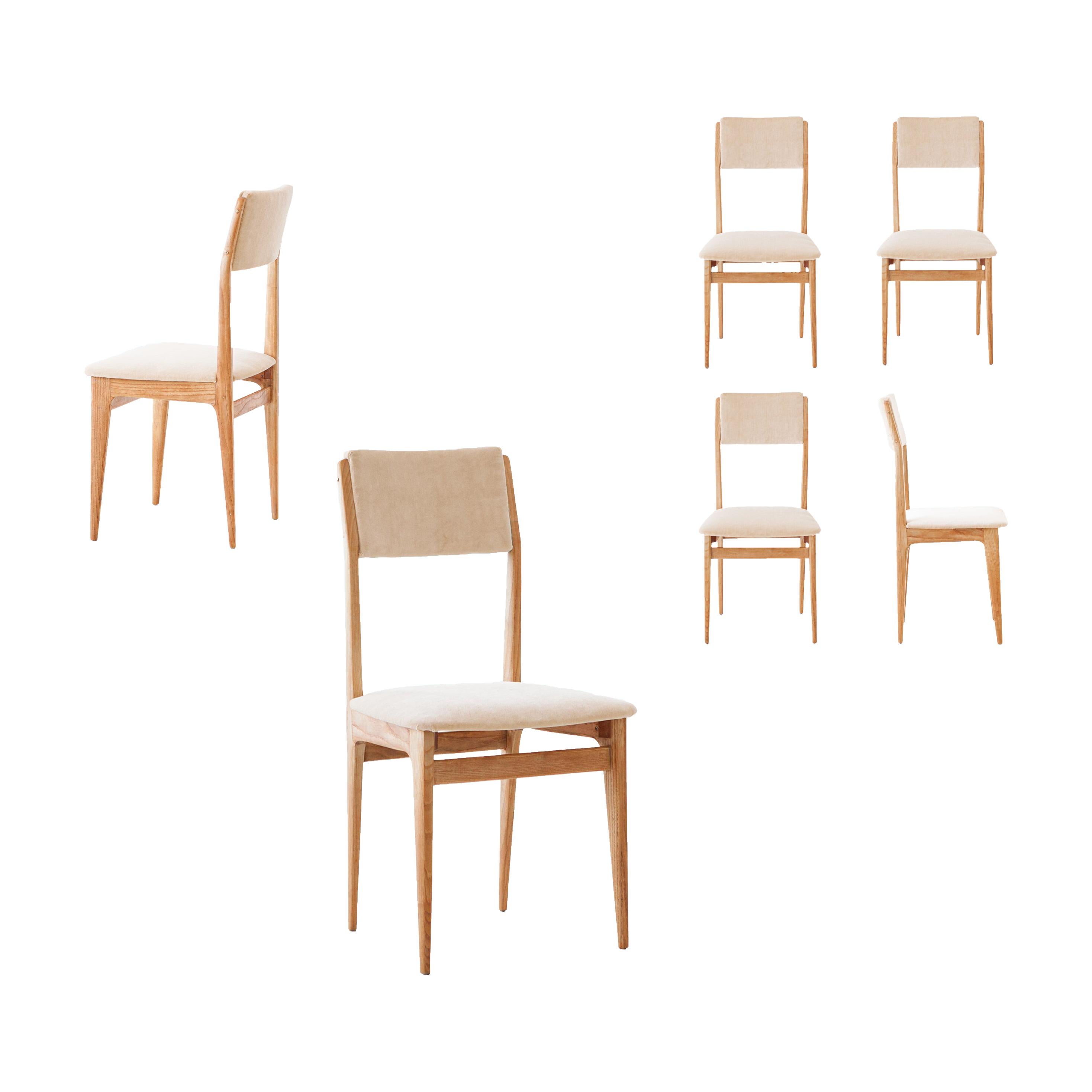 Six Italian Velvet and Oak Dining Chairs, 1950s