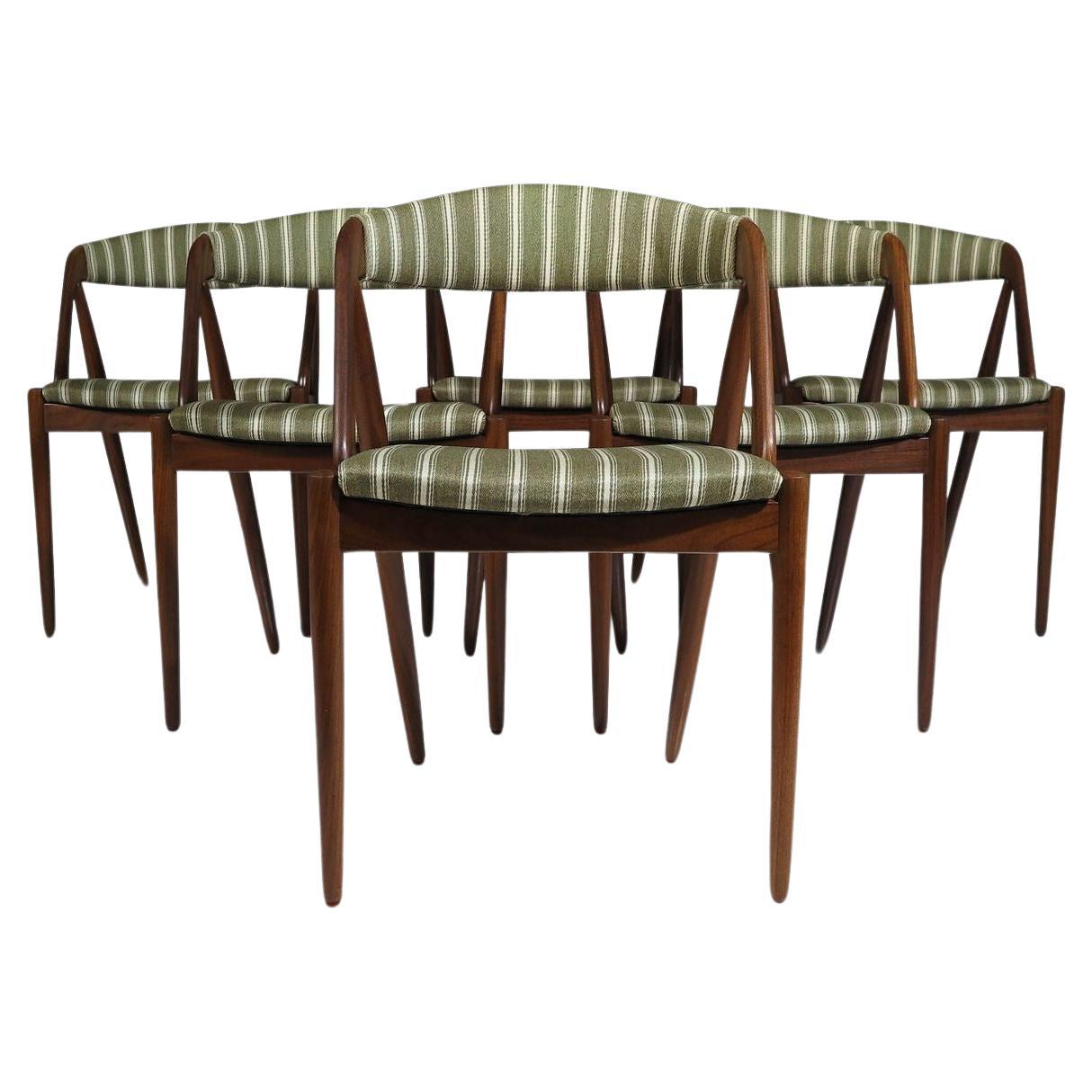 Six chaises de salle à manger danoises Kai Kristiansen en laine rayée originale