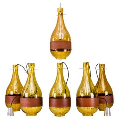 Six Kalmar Pendant Lights, Amber Glass Leather, 1970