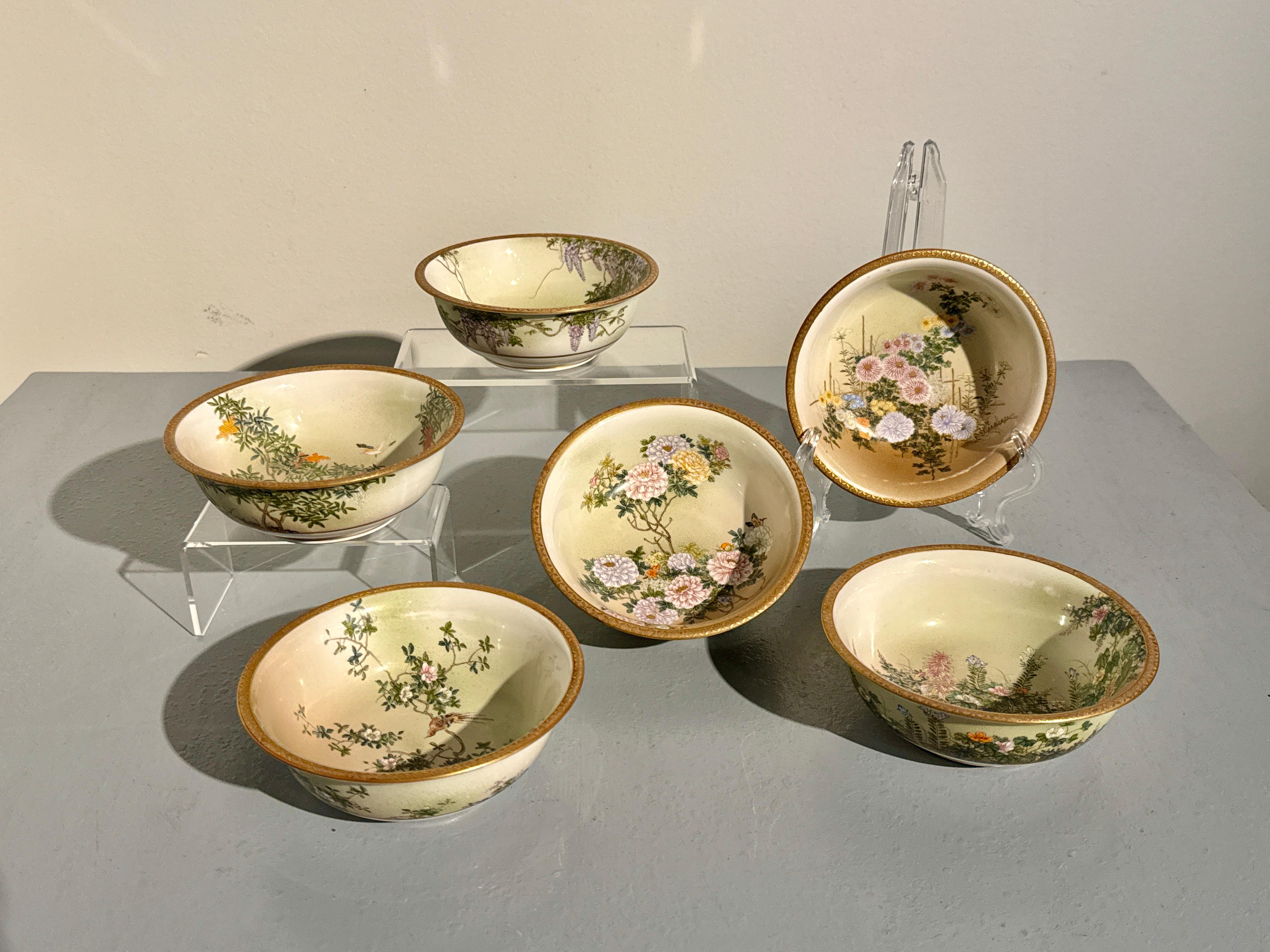 A very fine partial set of six Japanese Satsuma bowls decorated with flowers and birds of the months, signed Kinkozan, Meiji Period, circa 1900, Japan.

The set of six exquisitely painted Satsuma bowls all of fine stoneware glazed with a cream