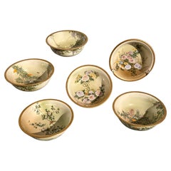 Antique Six Kinkozan Bowls with Birds and Flowers of the Months, Meiji Period, Japan