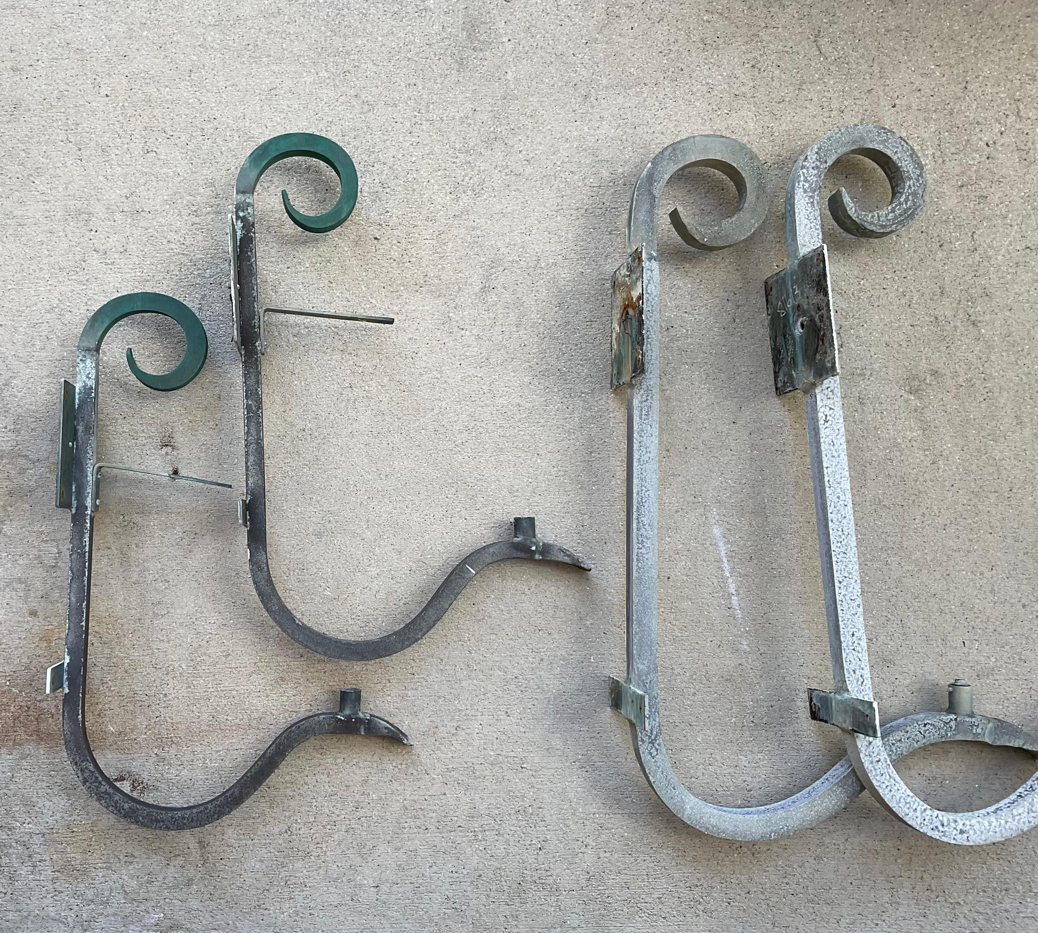 Three pairs of custom made wall bracket/ backplate made of brass and copper. 
Salvaged from Wall Hanging lantern. They are in very good condition and could be refit and use for wall hanging decorative element ,or large wall lantern.
Very strong