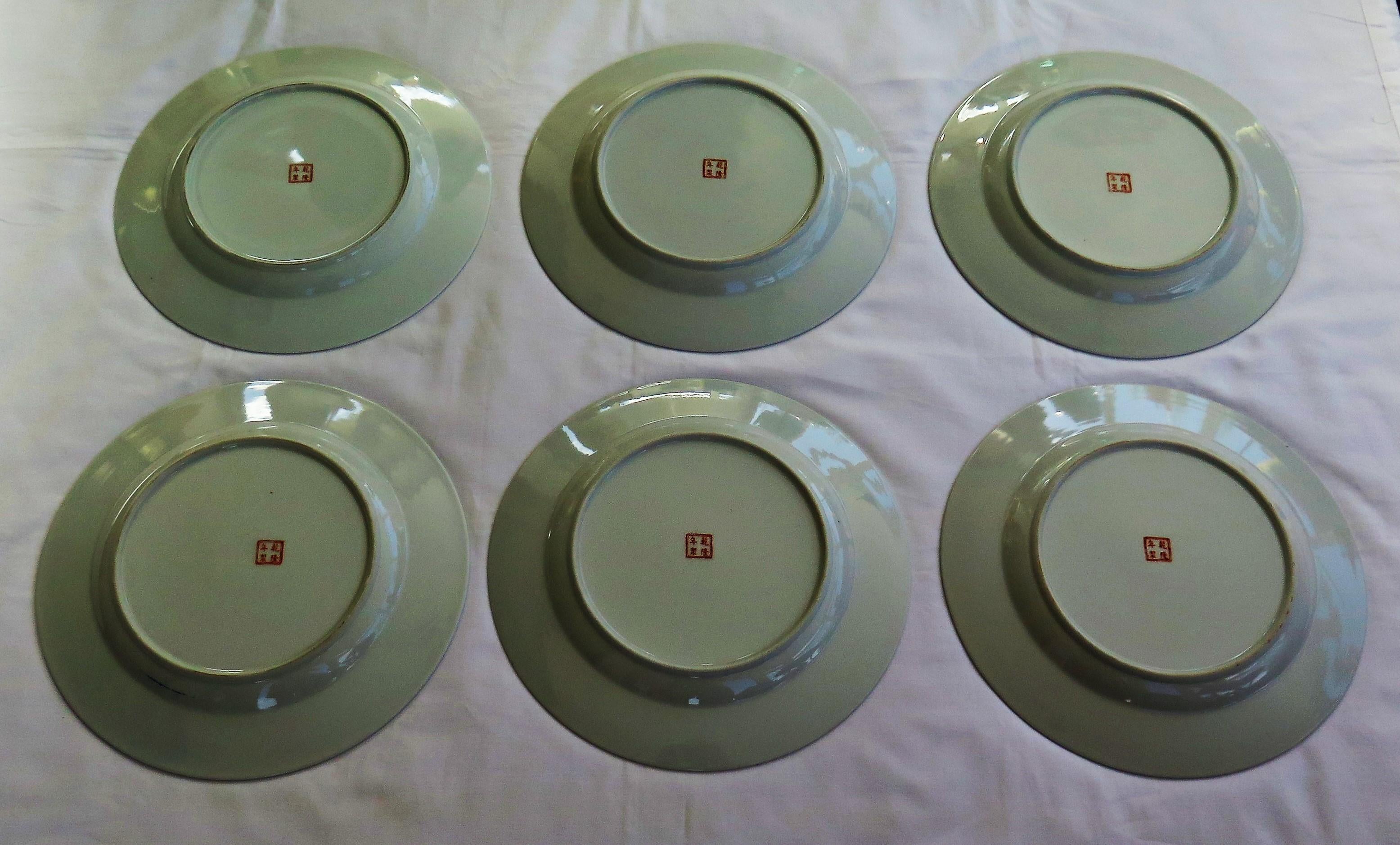 SIX Large Chinese Export Dinner Plates Porcelain hand painted, Mid-20th Century 11