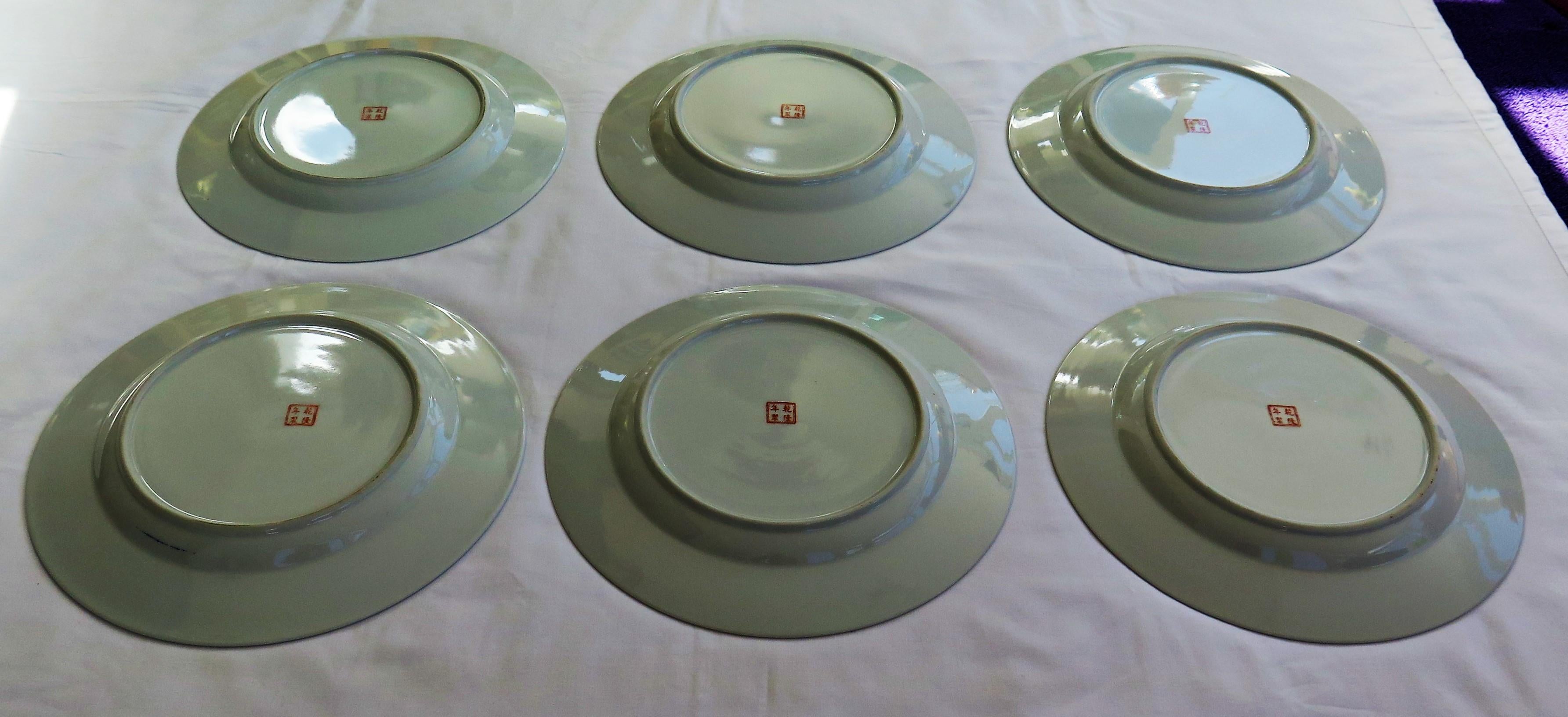 SIX Large Chinese Export Dinner Plates Porcelain hand painted, Mid-20th Century 12