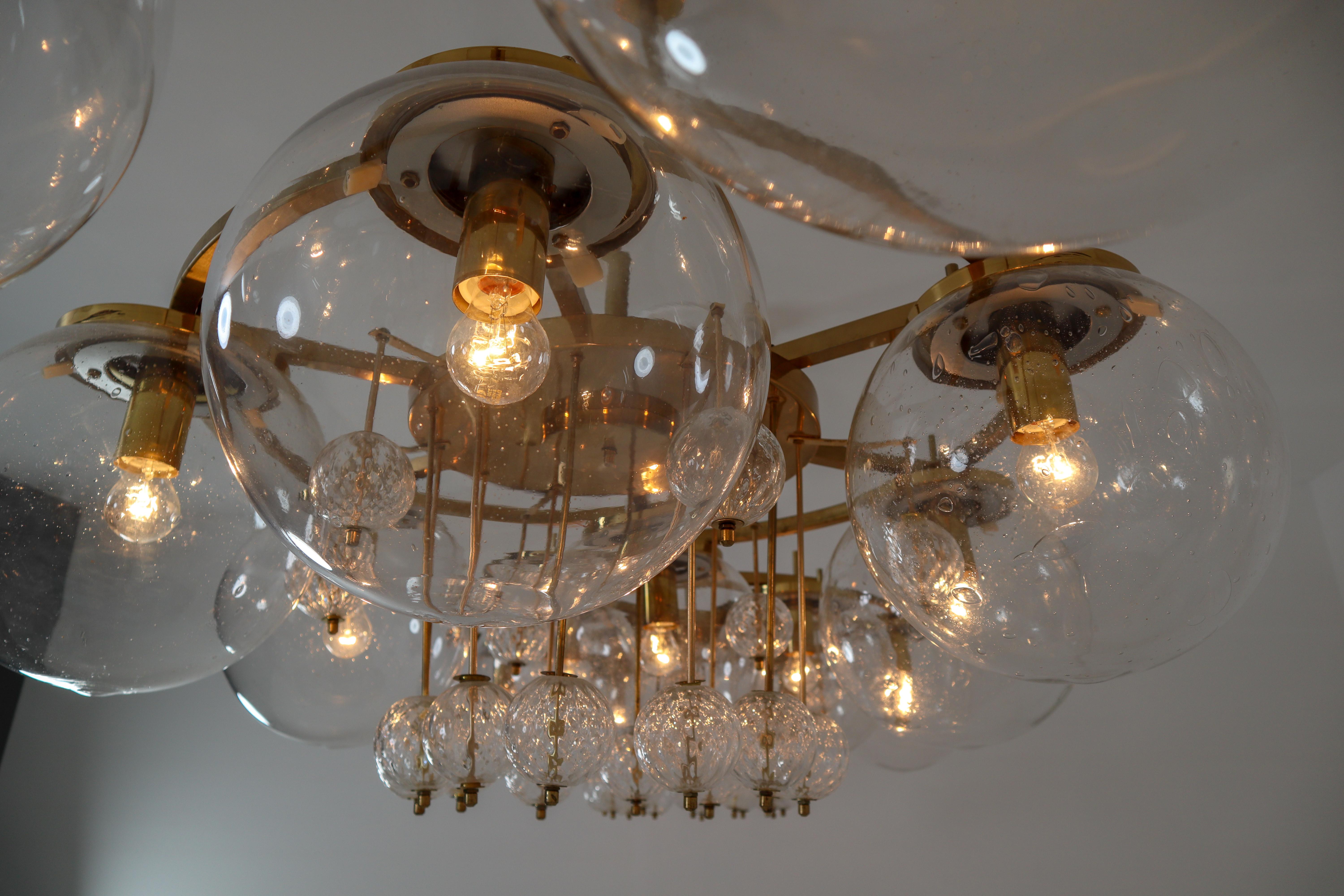 European Six Large Hotel Chandelier in Brass and Hand Blown Glass, Europe, 1970s