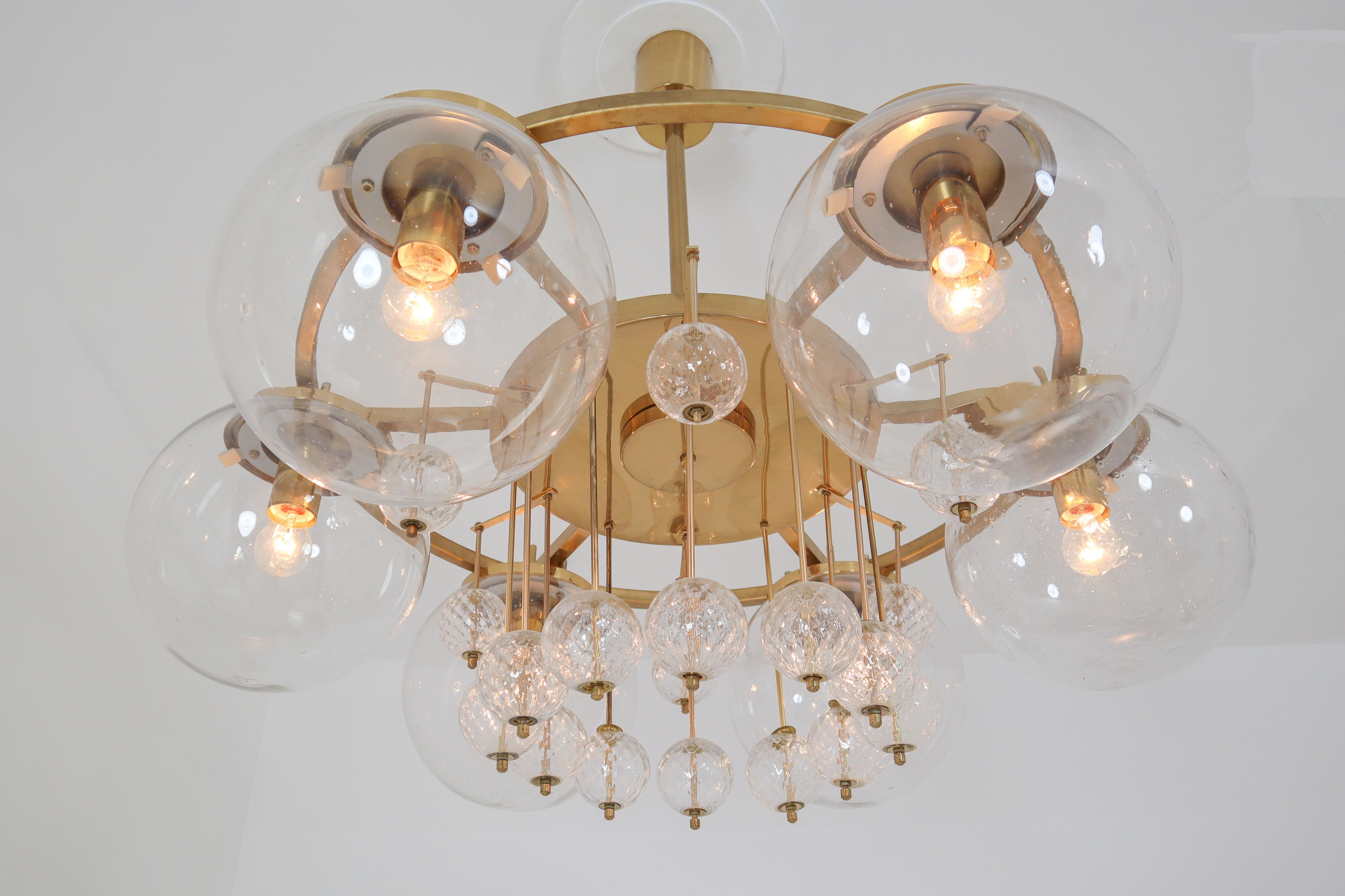 Six Large Hotel Chandelier in Brass and Hand Blown Glass, Europe, 1970s In Good Condition In Almelo, NL
