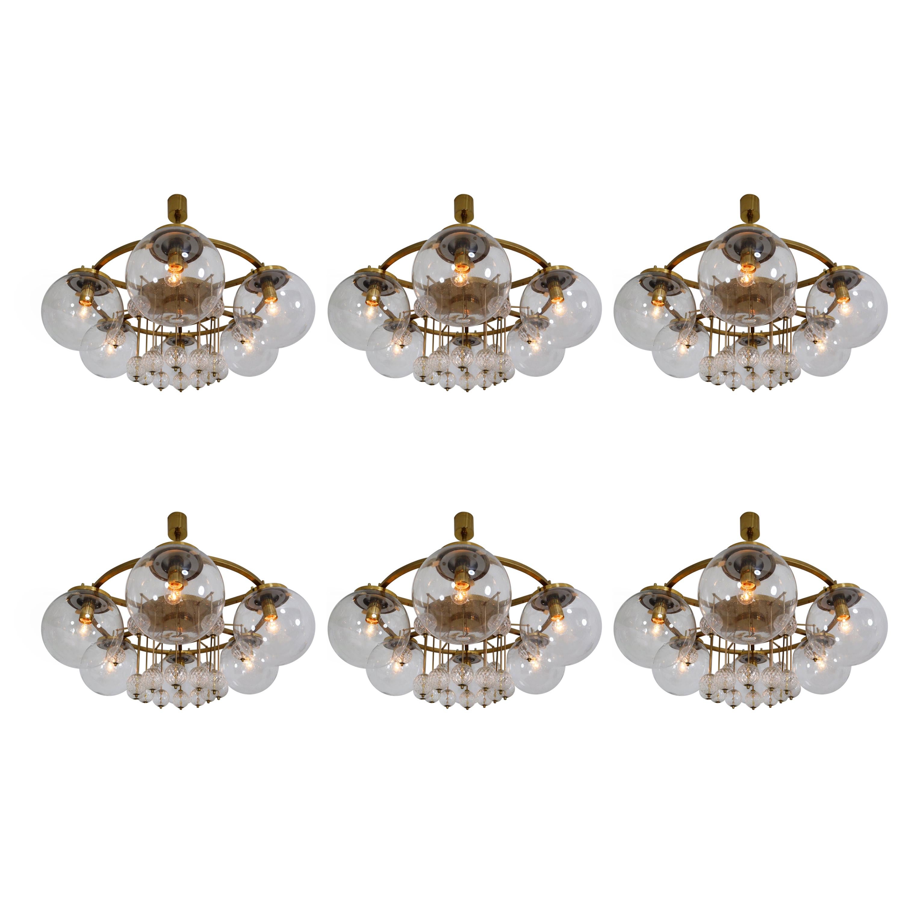 Six Large Hotel Chandelier in Brass and Hand Blown Glass, Europe, 1970s