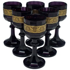 Six Large Moser Amethyst Wine Goblets