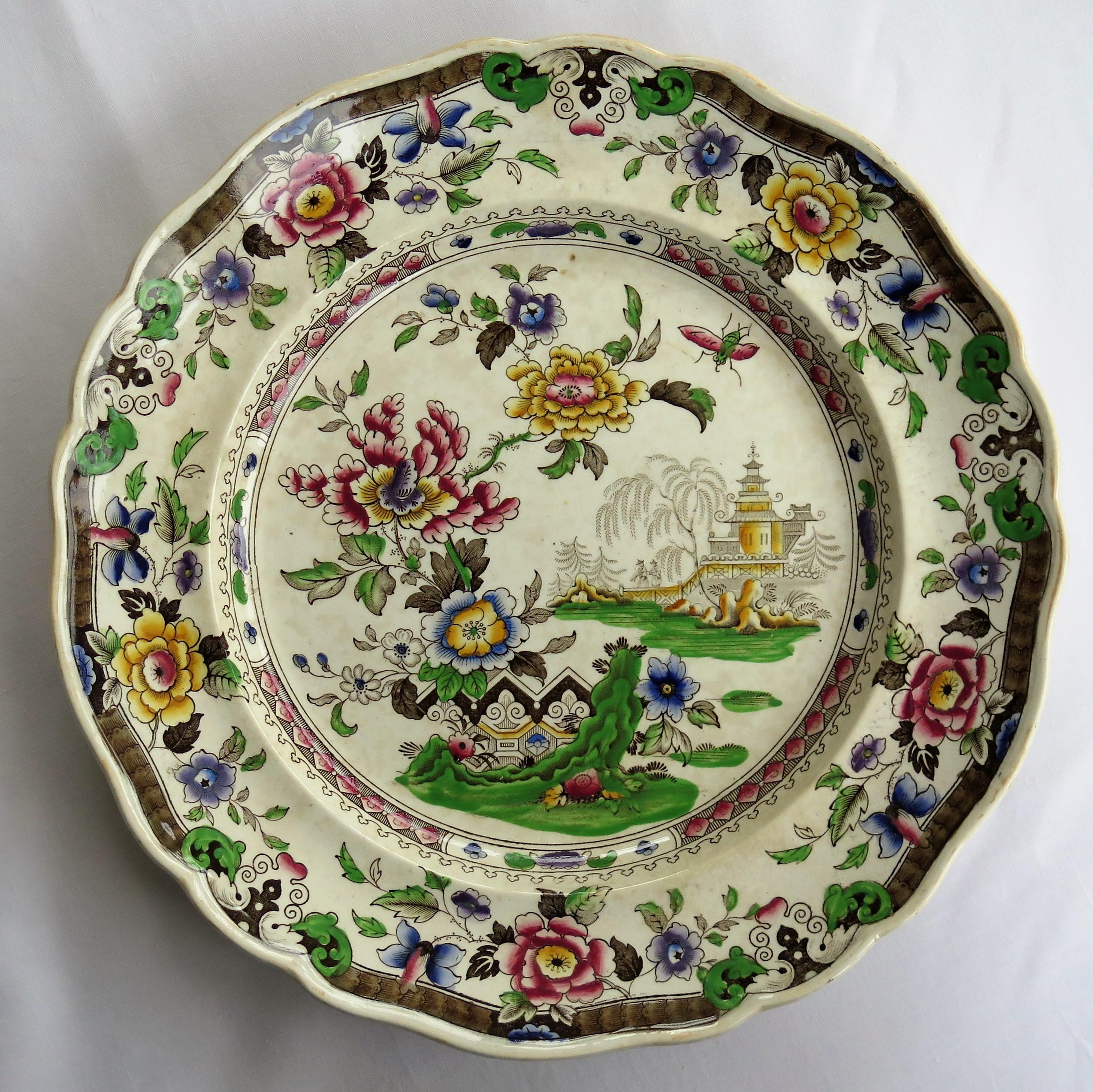 SIX Large Pottery Dinner Plates by Zachariah Boyle Chinese Flora Ptn, circa 1825 2