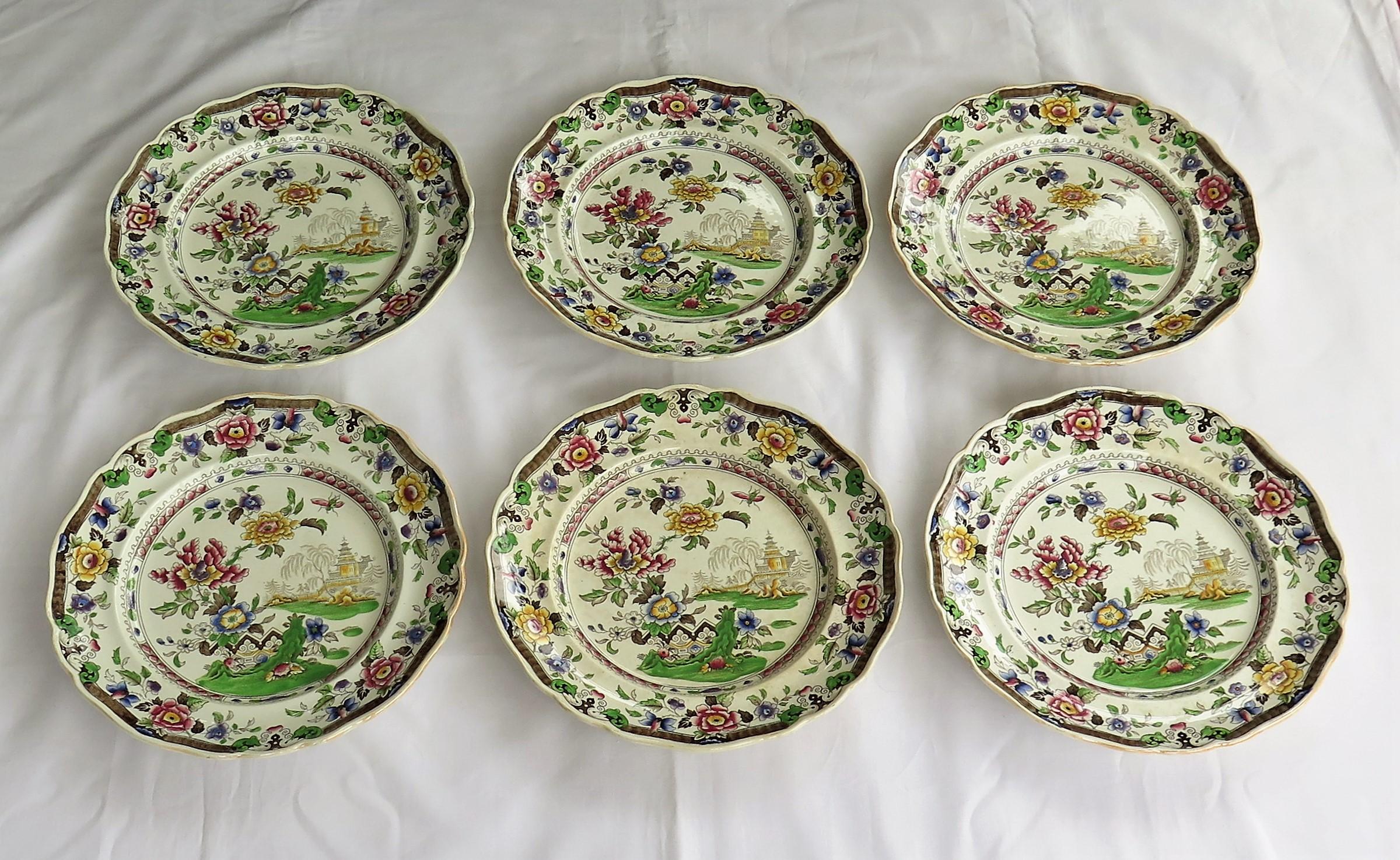 These are a good early decorative set of six large earthenware pottery dinner plates made by Zachariah Boyle of Hanley and Stoke, England, circa 1825.

The plates are well potted with a curvy indented rim.

The plates have a detailed Chinoiserie