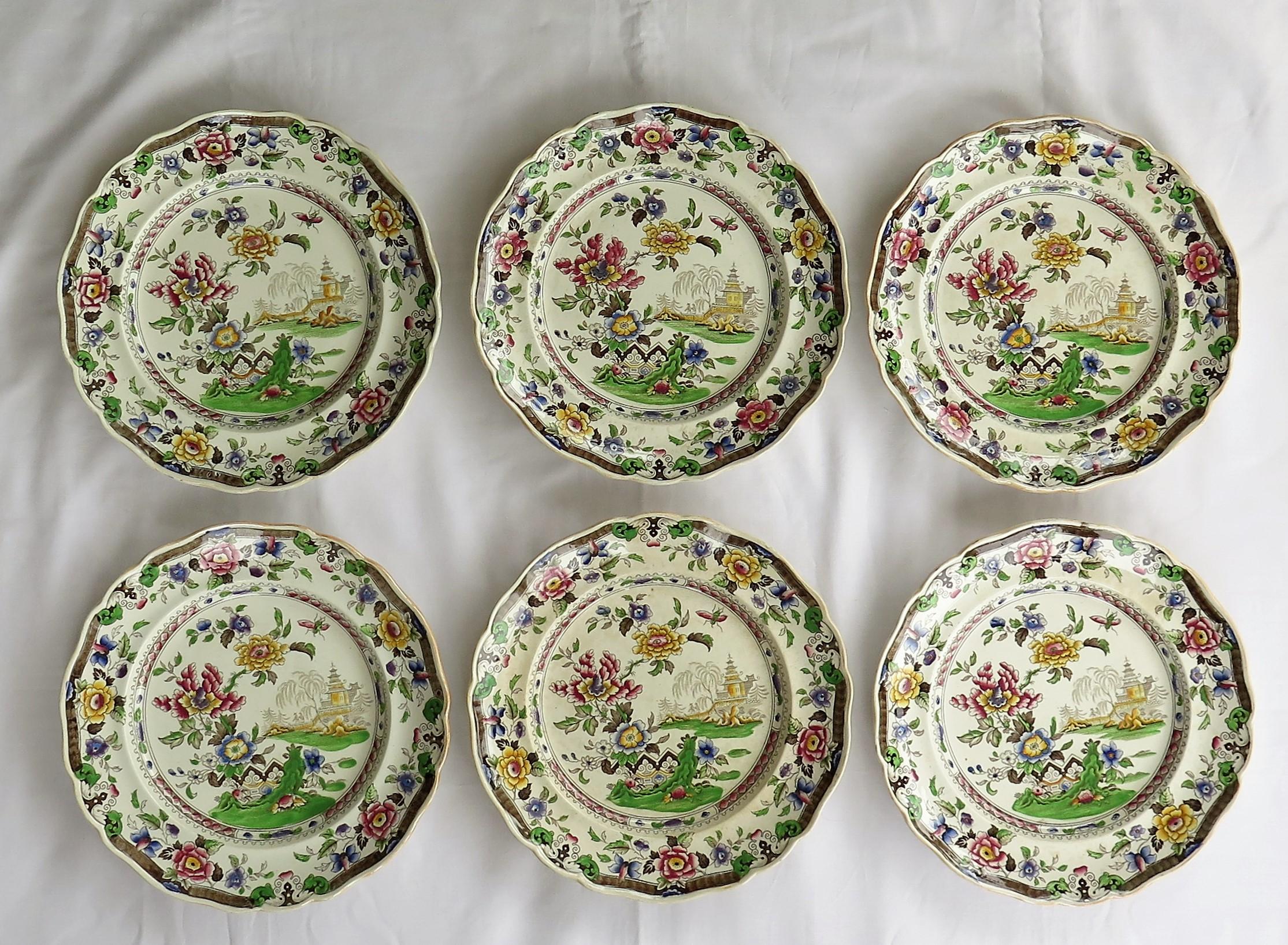 Chinoiserie SIX Large Pottery Dinner Plates by Zachariah Boyle Chinese Flora Ptn, circa 1825