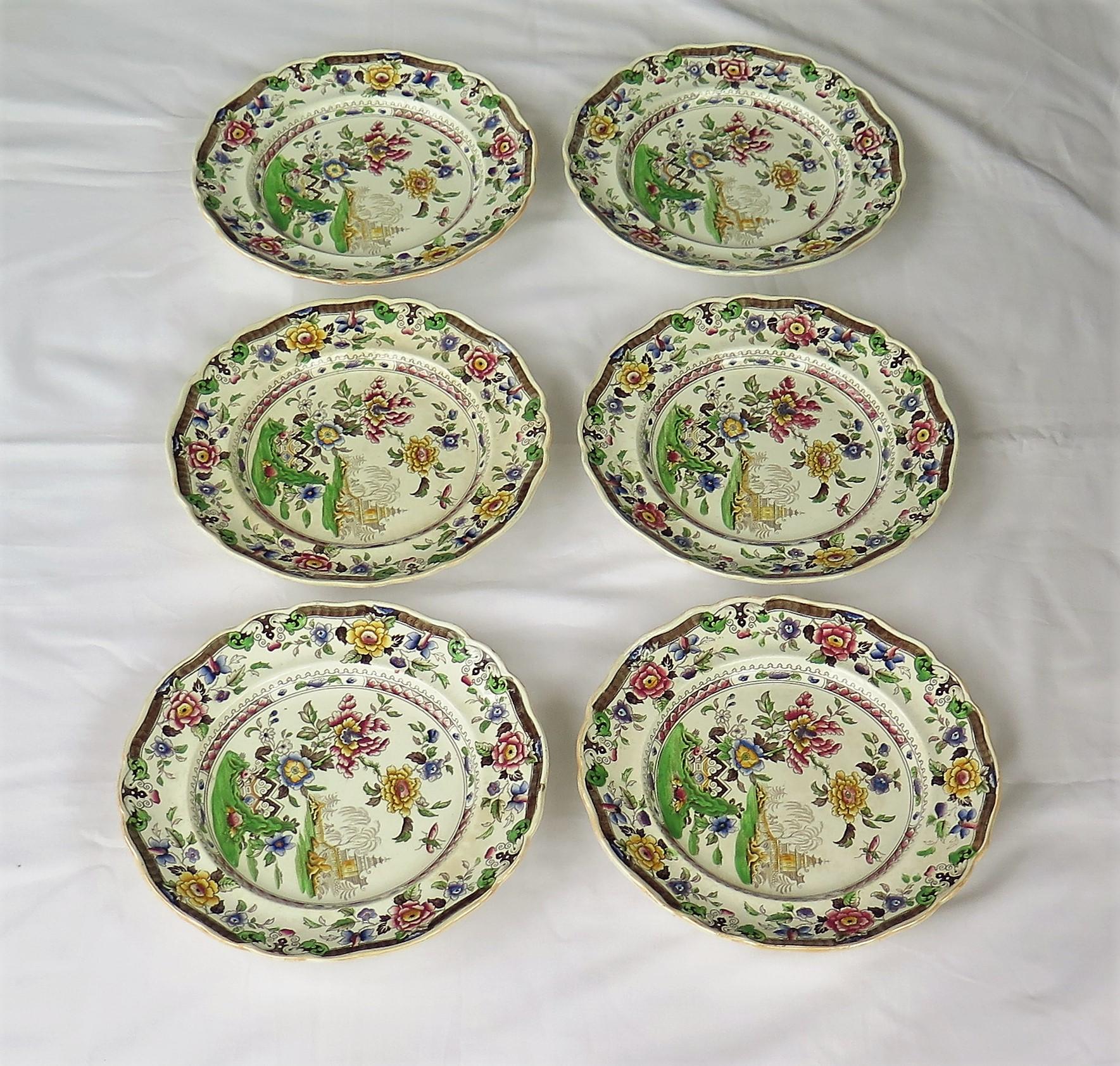 English SIX Large Pottery Dinner Plates by Zachariah Boyle Chinese Flora Ptn, circa 1825