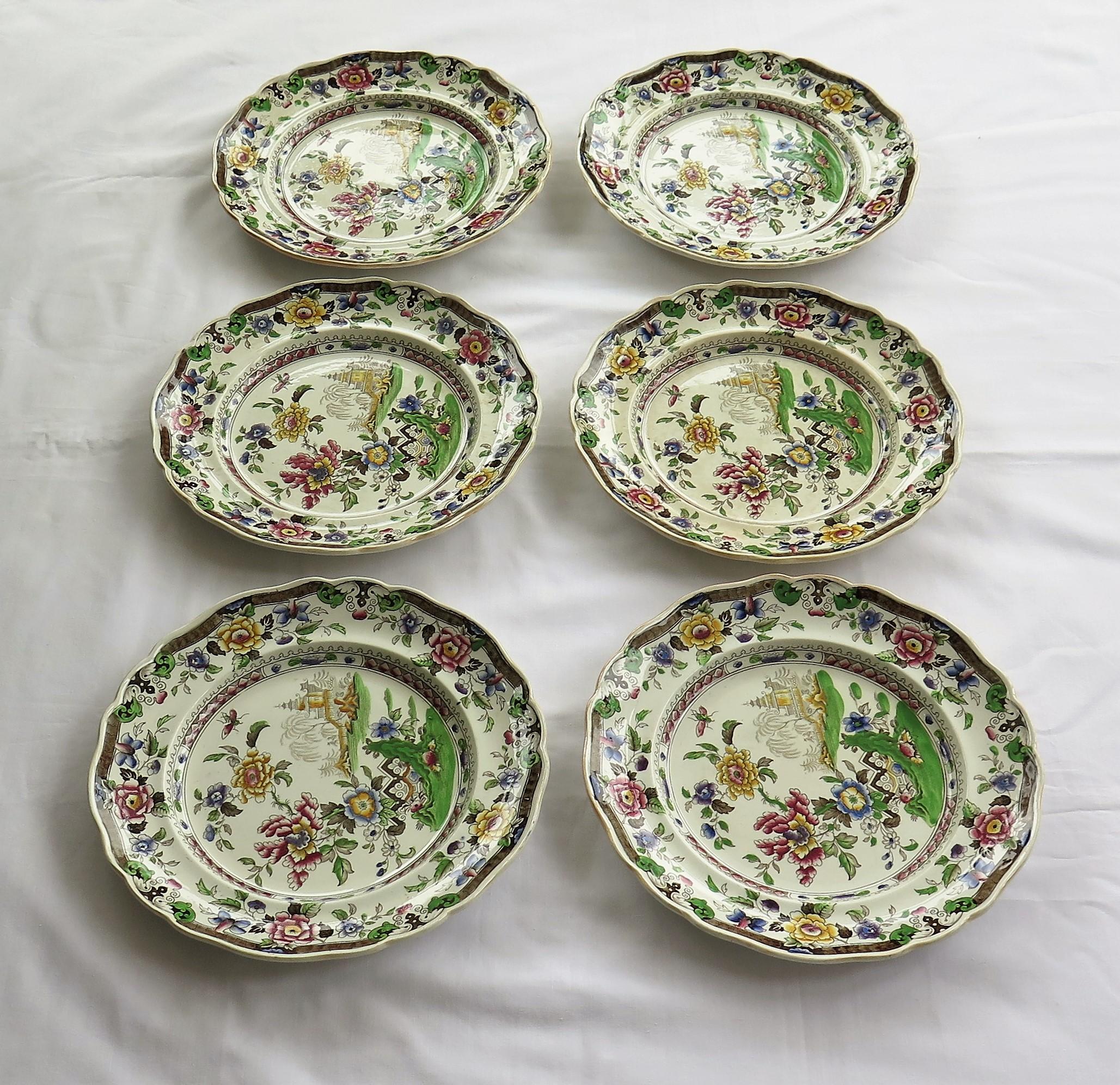 Hand-Painted SIX Large Pottery Dinner Plates by Zachariah Boyle Chinese Flora Ptn, circa 1825