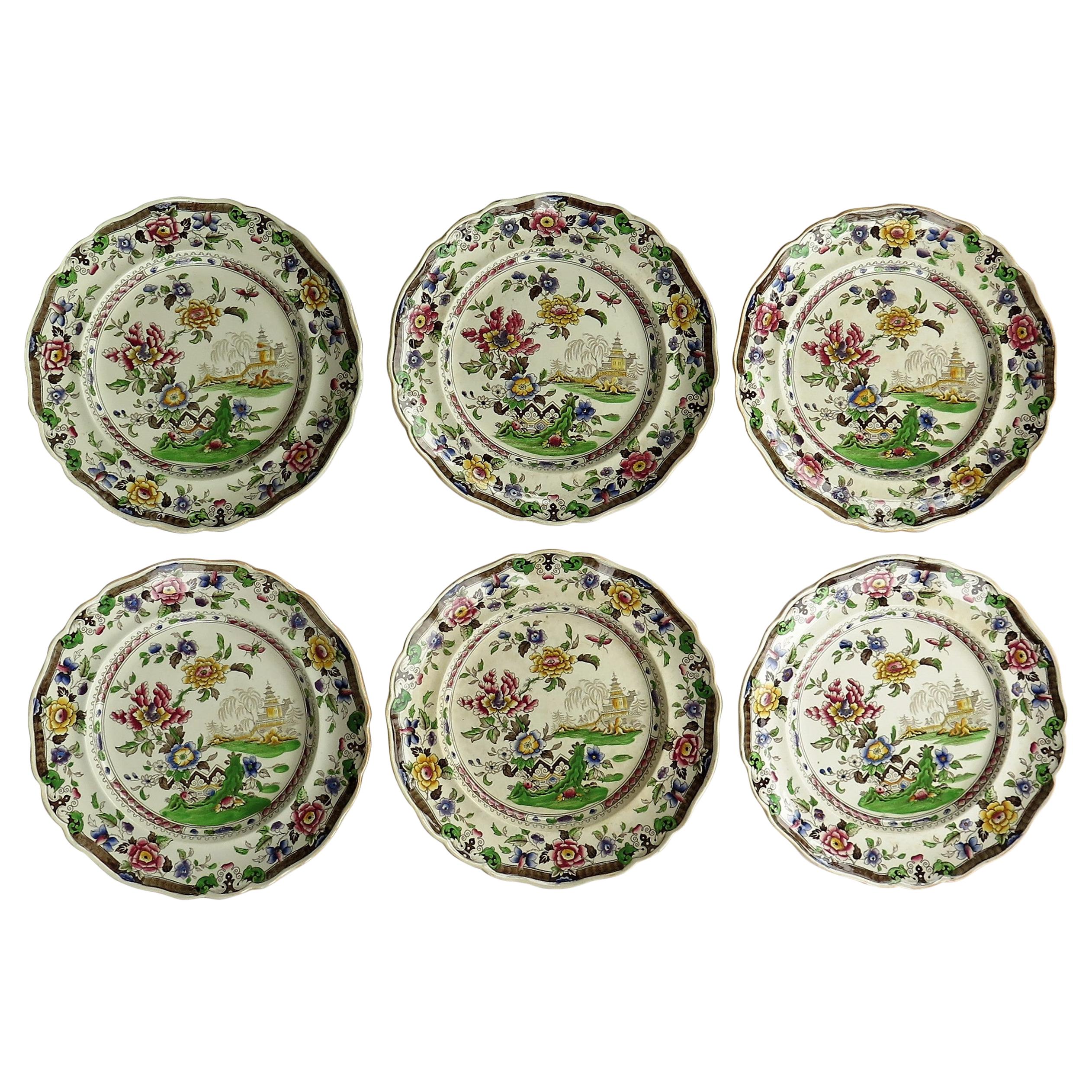 SIX Large Pottery Dinner Plates by Zachariah Boyle Chinese Flora Ptn, circa 1825