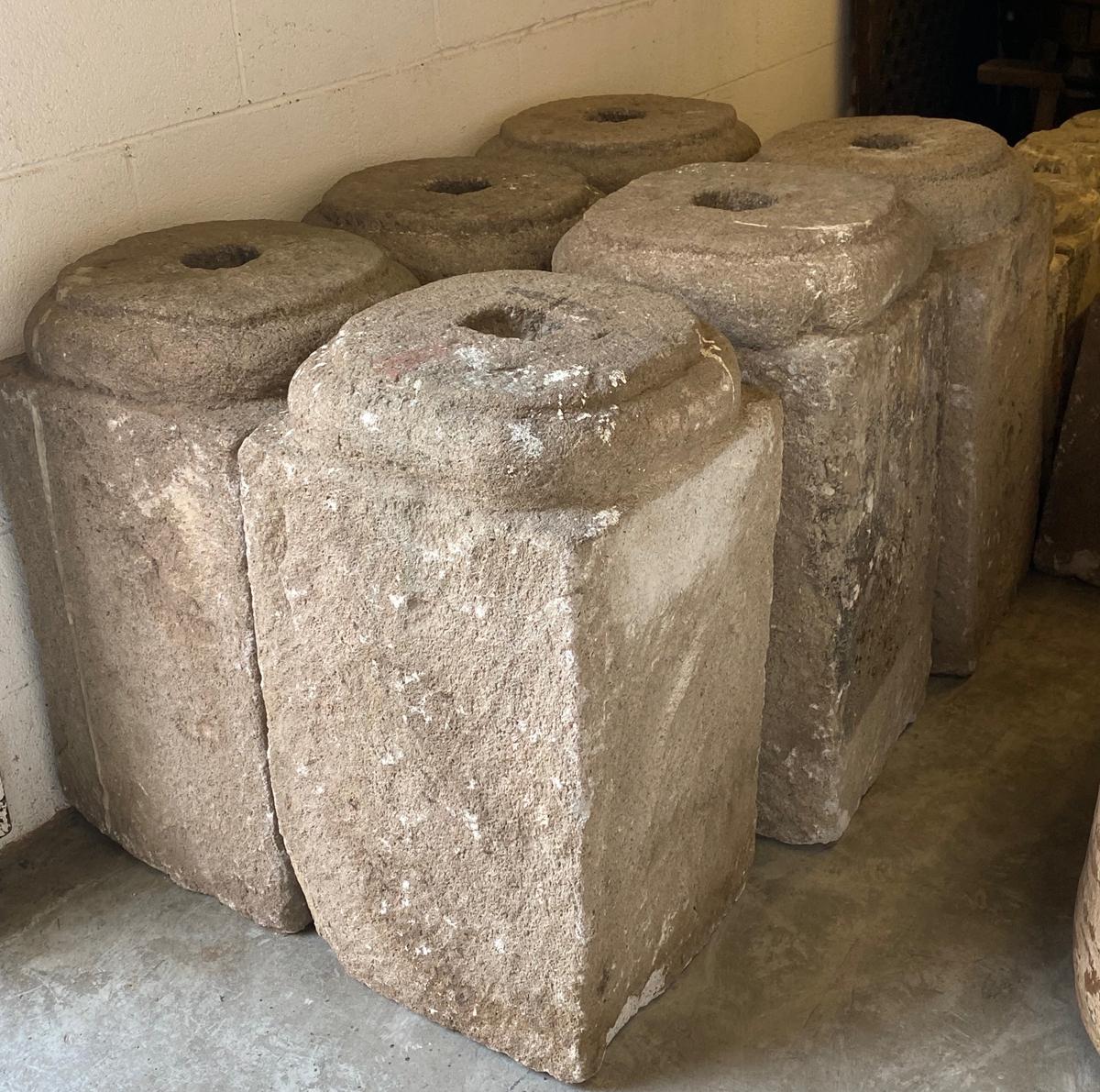 These large scale antique stone bases were originally used as bases for columns in Spanish Colonial Guatemala. These are the largest we have ever had in stock. In very good condition considering use and age. 
Would work well as plinths supporting