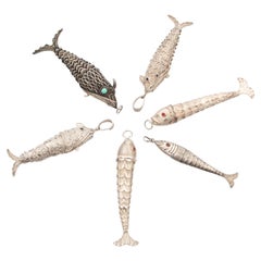 Six Large Vintage Silver Articulated Movable Fish Pendant