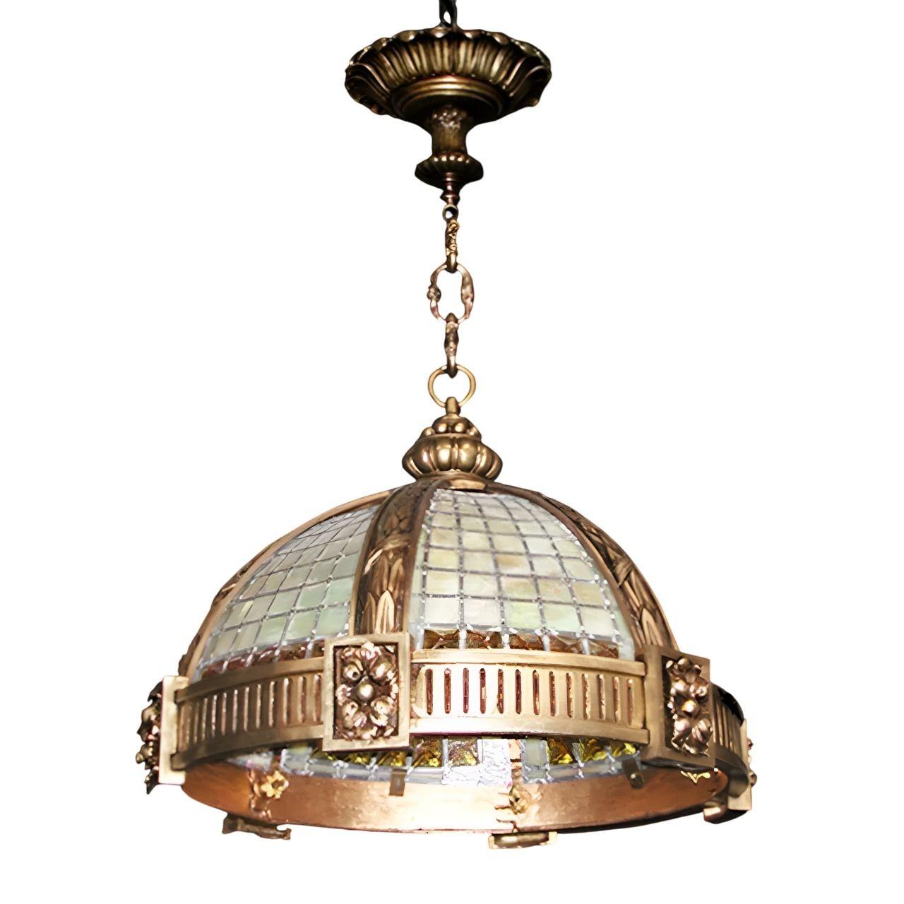 Six Late 19th C. Oversized French Bronze Pendants w/ Stained Glass & Amber Trim In Good Condition For Sale In Los Angeles, CA