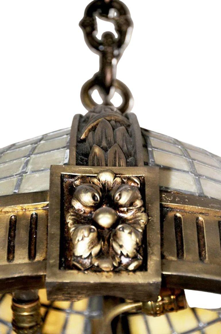 Six Late 19th C. Oversized French Bronze Pendants w/ Stained Glass & Amber Trim For Sale 1