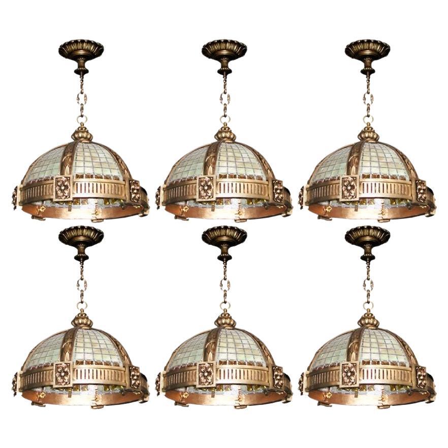 Six Late 19th C. Oversized French Bronze Pendants w/ Stained Glass & Amber Trim For Sale