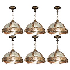 Antique Six Late 19th C. Oversized French Bronze Pendants w/ Stained Glass & Amber Trim