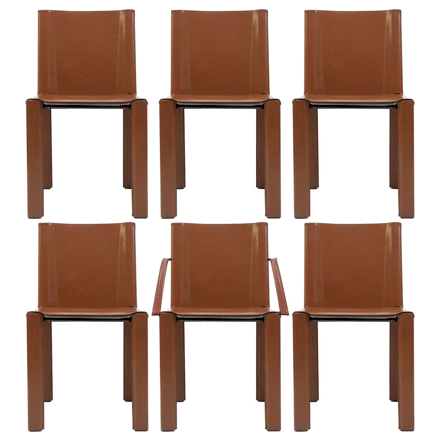 Six Leather Dining Chairs "Coral" by Matteo Grassi, 1980