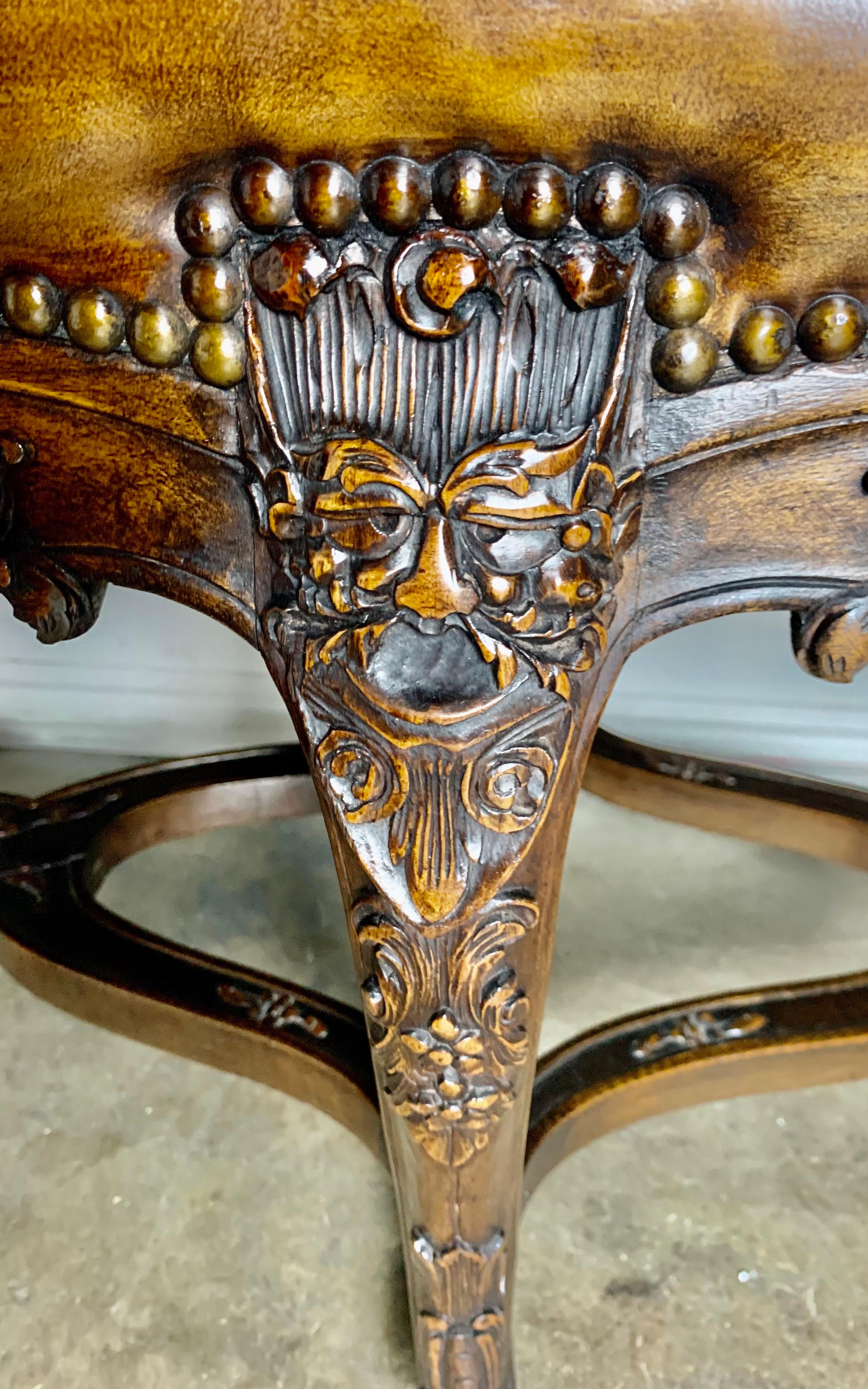 Six Legged French Carved Leather Bench C. 1900's 4