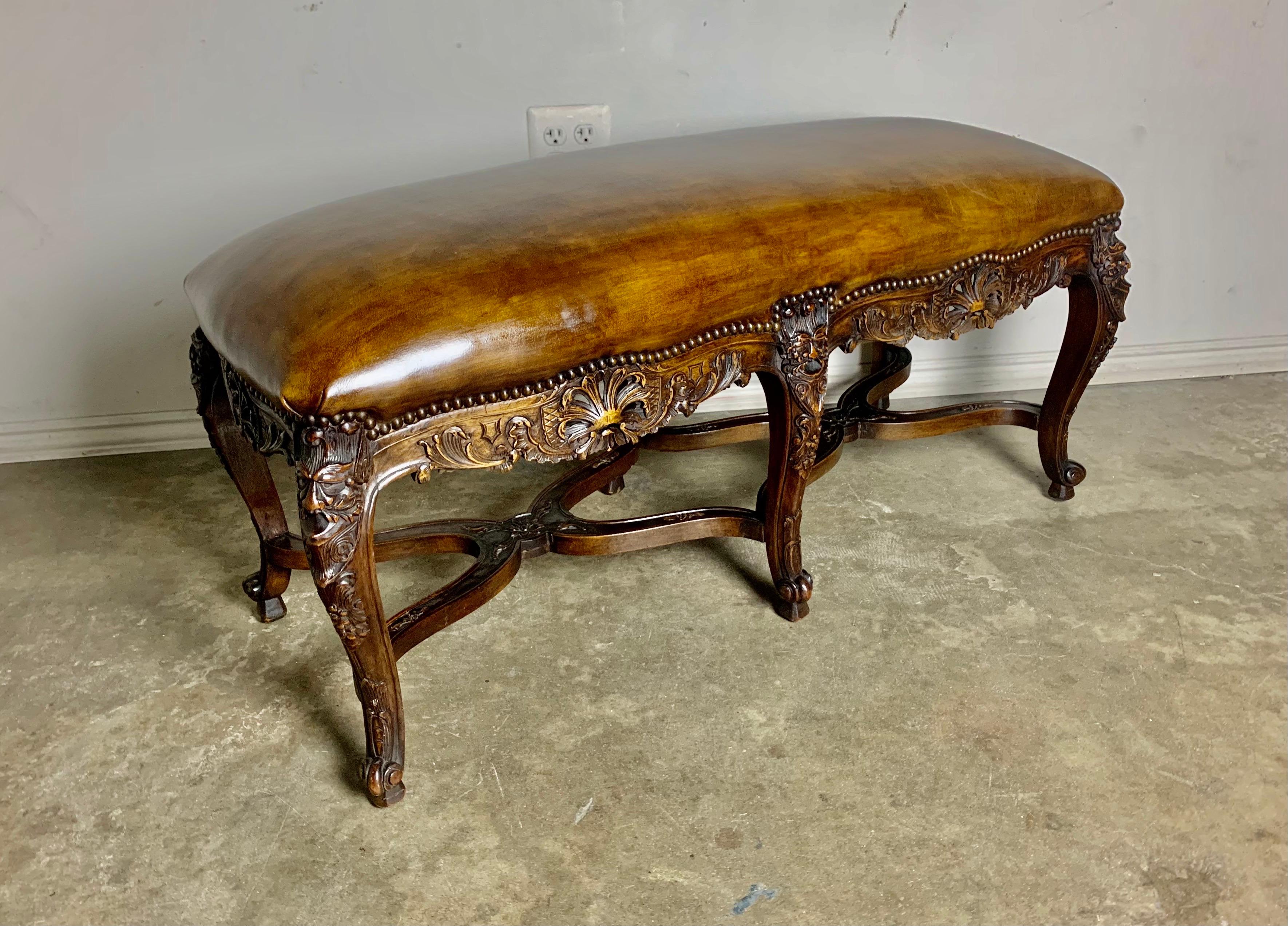 Six Legged French Carved Leather Bench C. 1900's 5