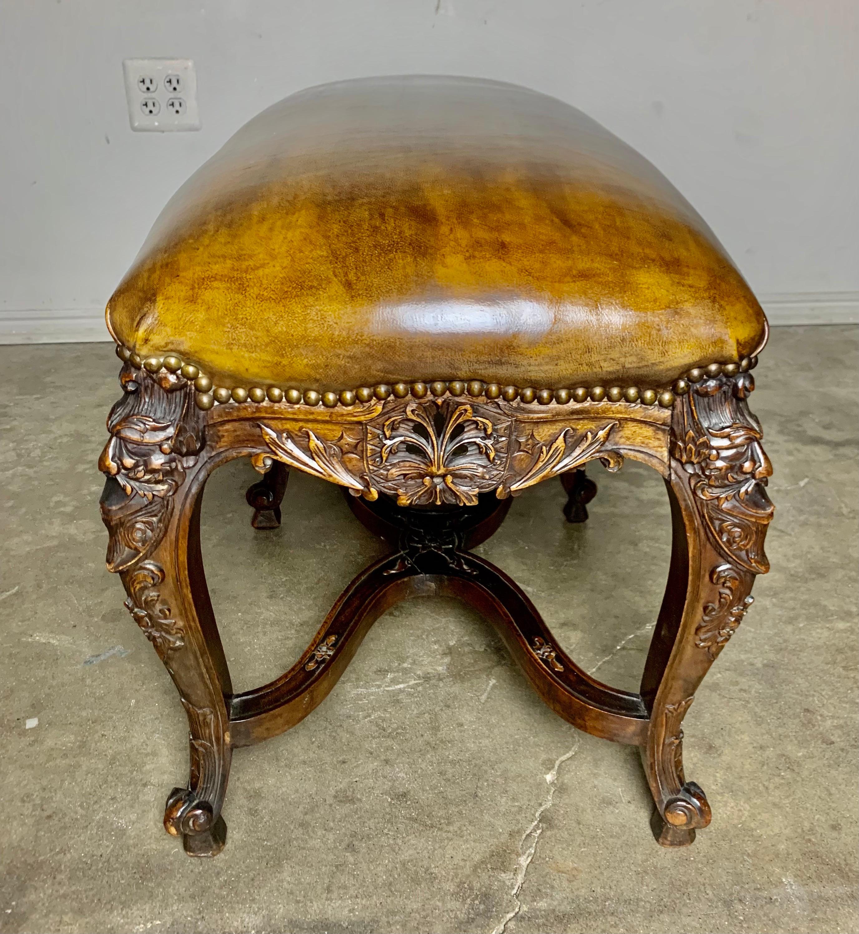 Six Legged French Carved Leather Bench C. 1900's 6
