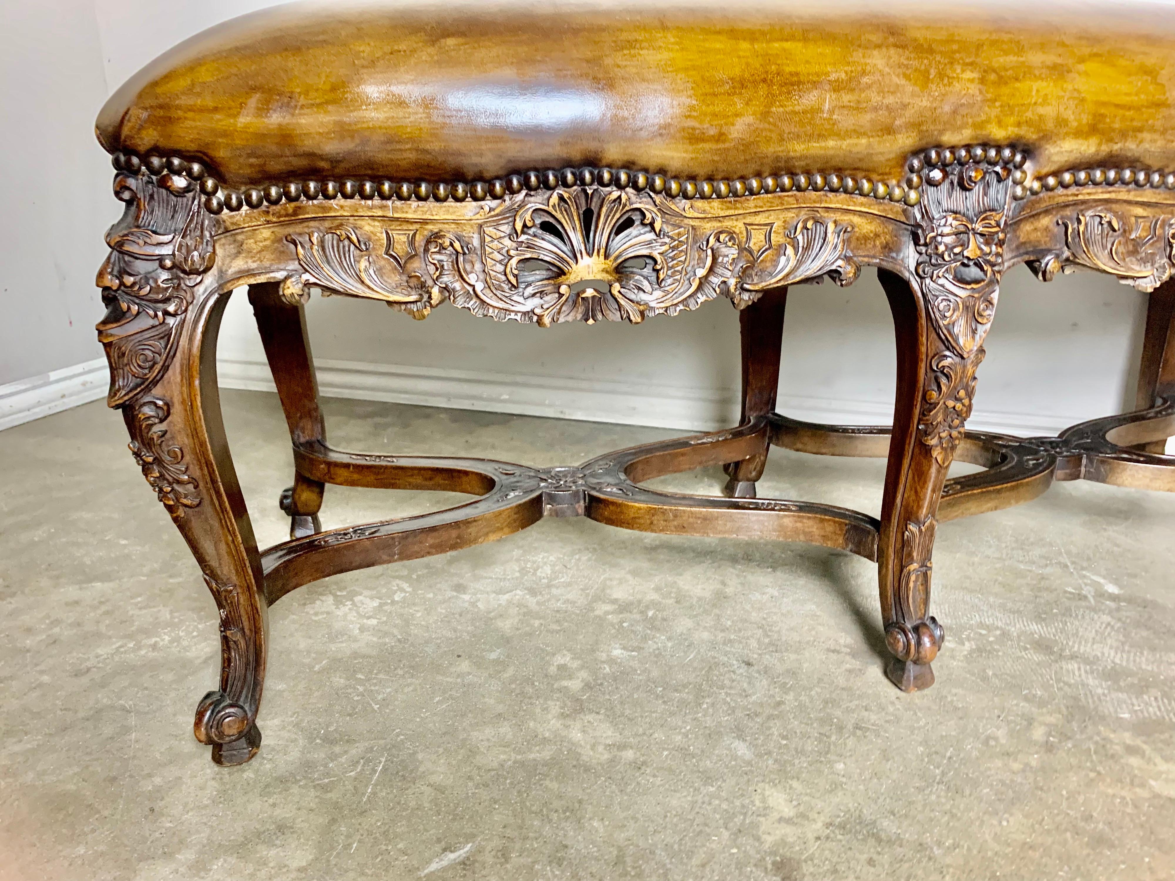 Six Legged French Carved Leather Bench C. 1900's 7