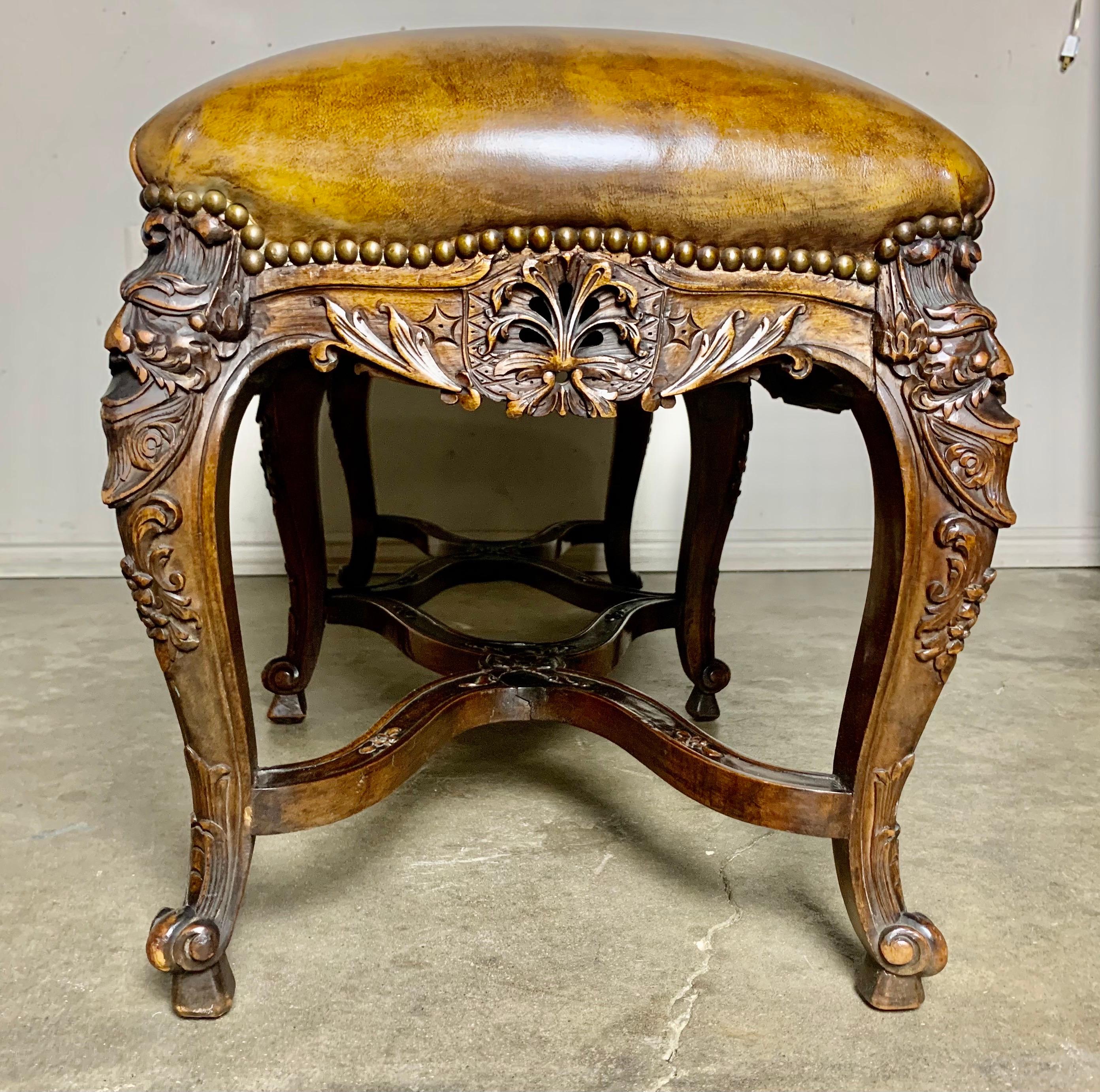 Six Legged French Carved Leather Bench C. 1900's 8