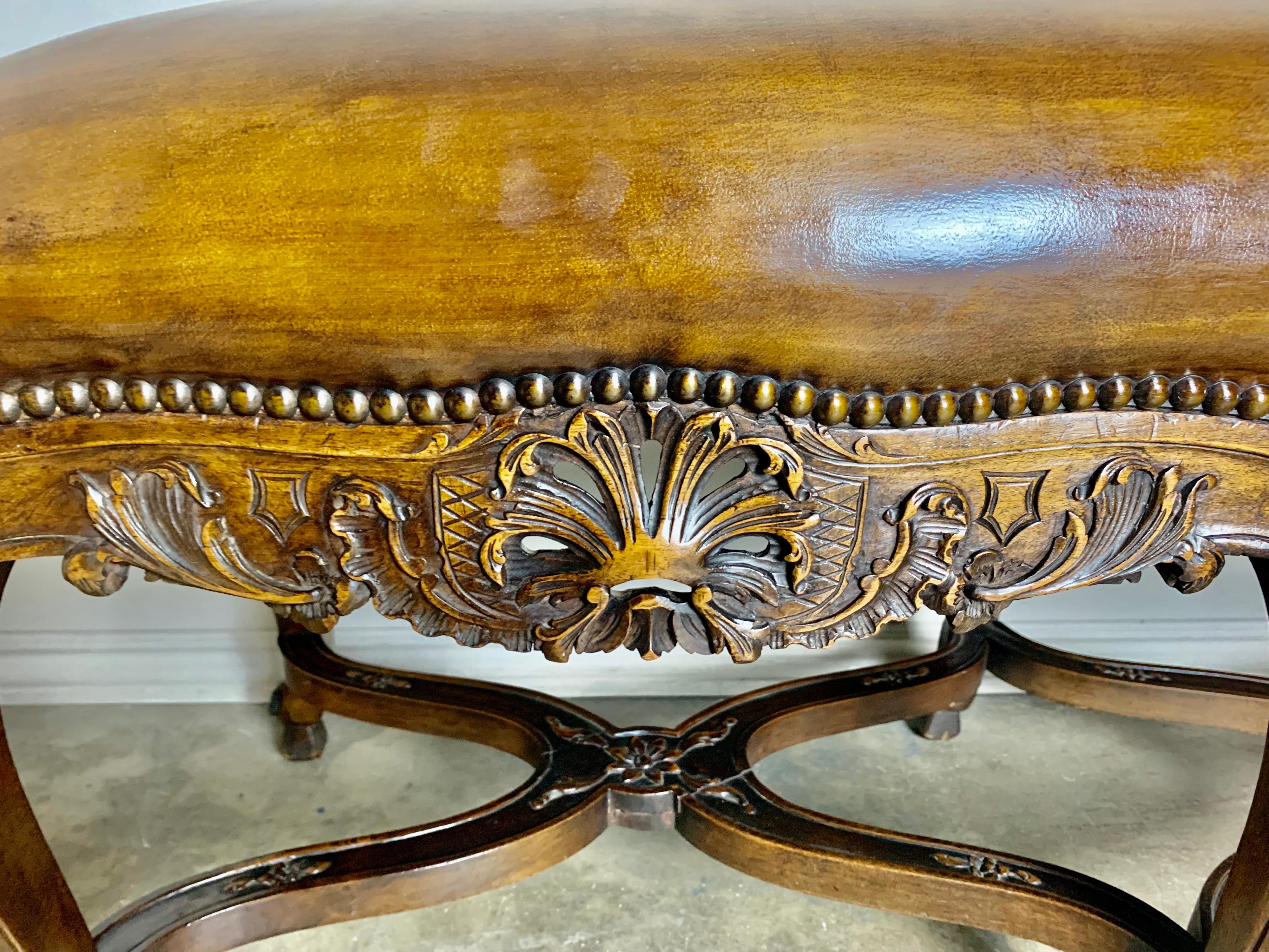 Six Legged French Carved Leather Bench C. 1900's In Excellent Condition In Los Angeles, CA