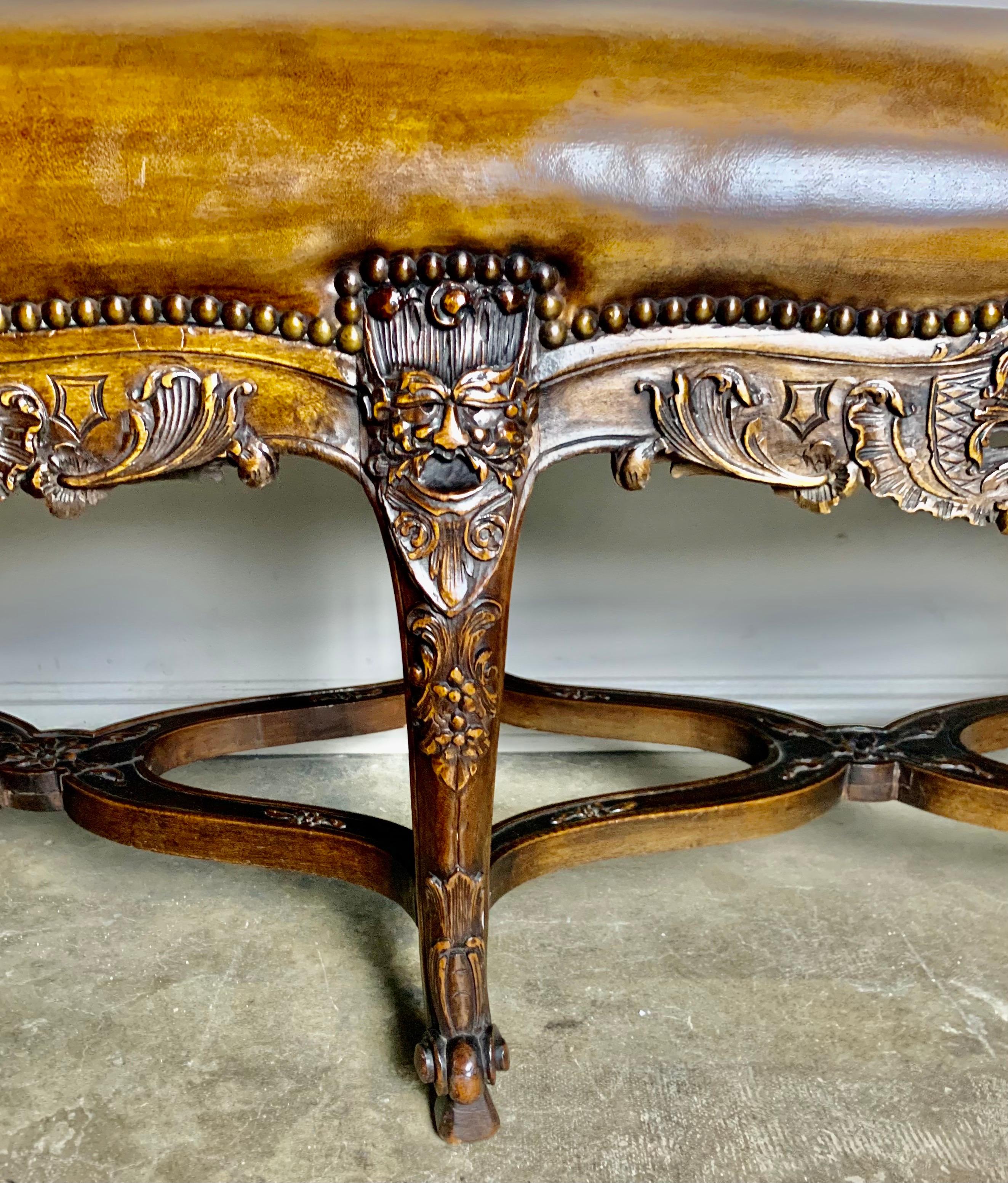 Early 20th Century Six Legged French Carved Leather Bench C. 1900's